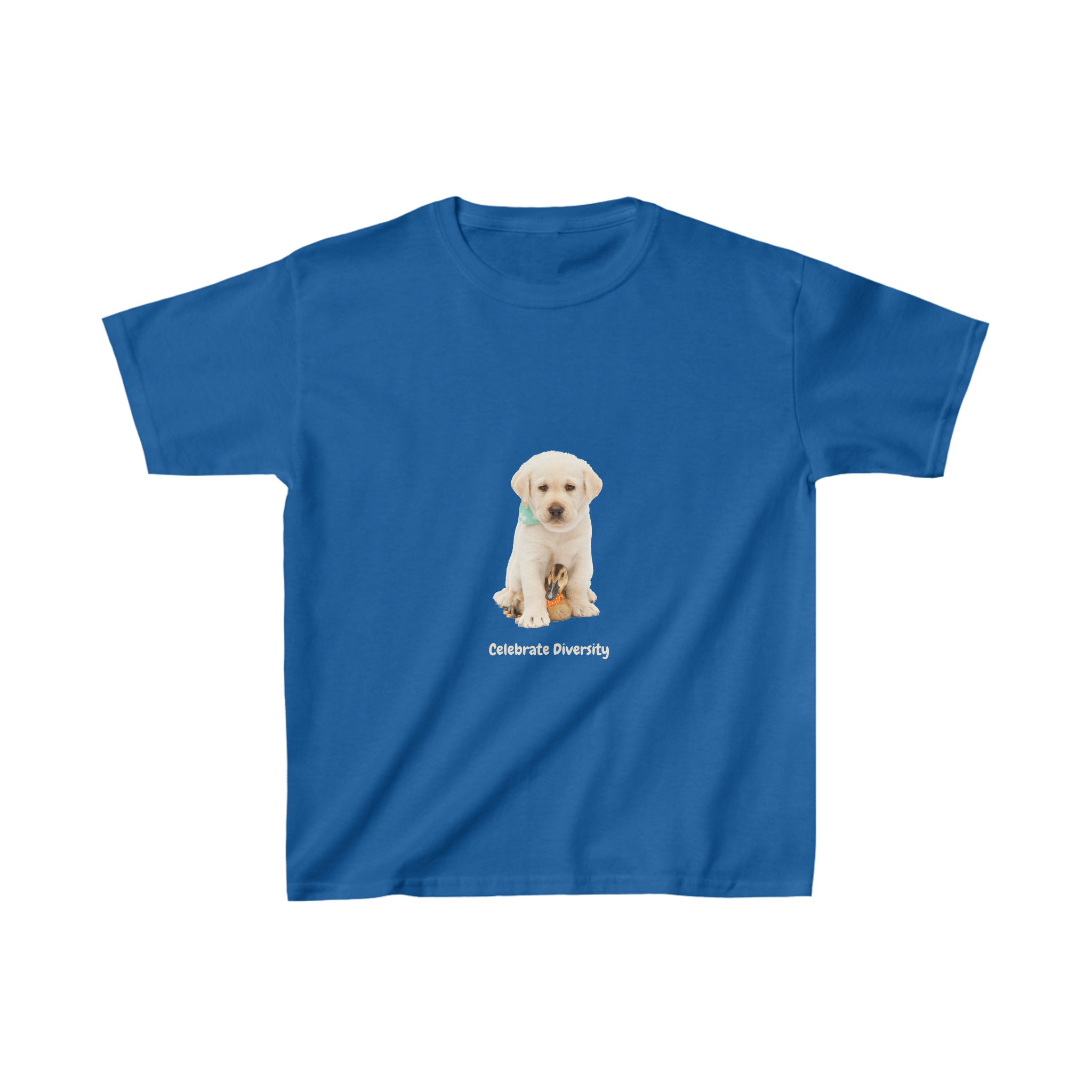 Youth  unisex royal  T-Shirt with "Celebrate Diversity" inspired graphic with puppy and duck on front.