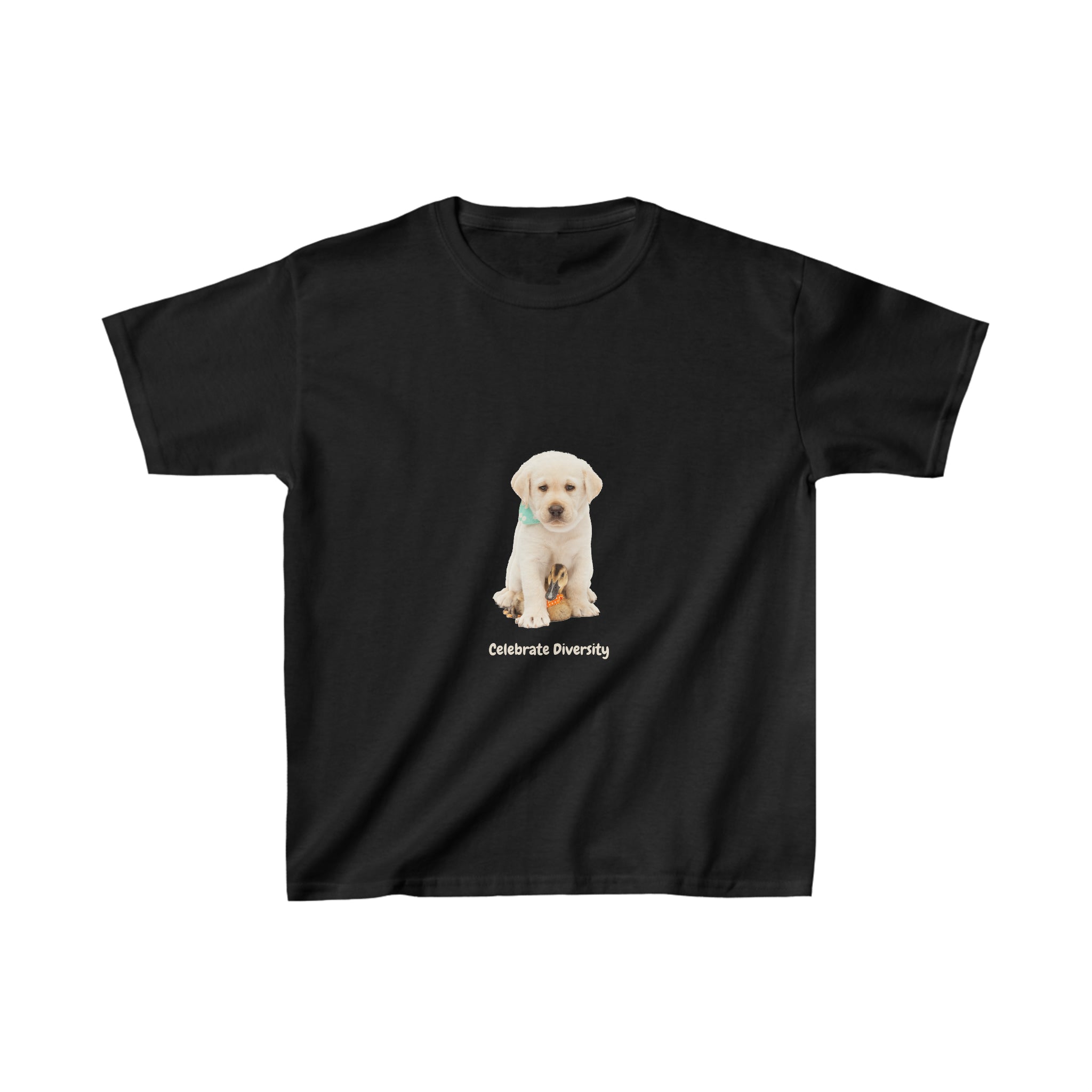 Youth unisex  black T-Shirt with "Celebrate Diversity" inspired graphic with puppy and duck on front.