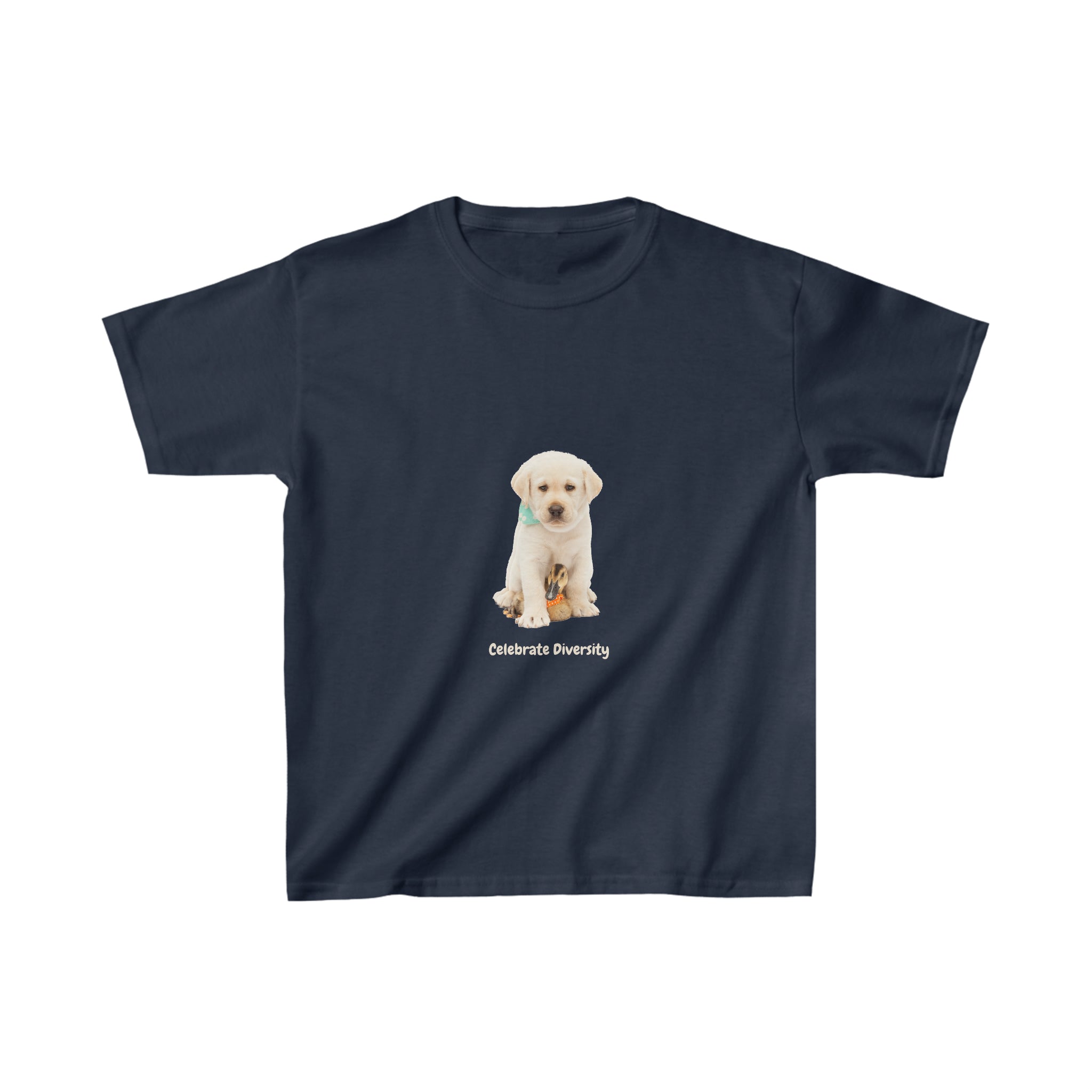 Youth unisex navy T-Shirt with "Celebrate Diversity" inspired graphic with puppy and duck on front.