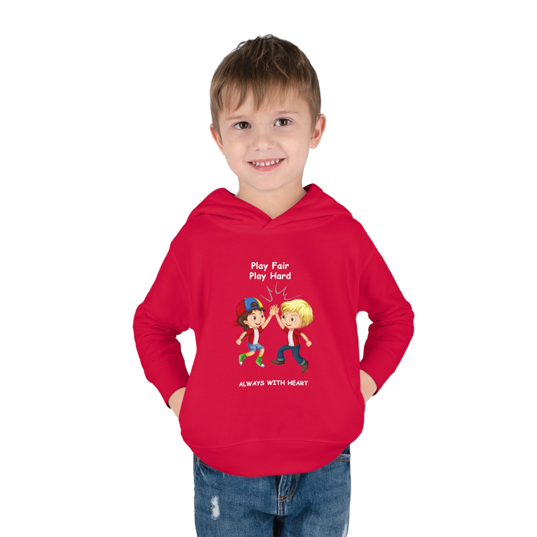 Boy Toddler wearing unisex red hoodie with " Play Fair Play Hard Always with Heart" inspired graphic