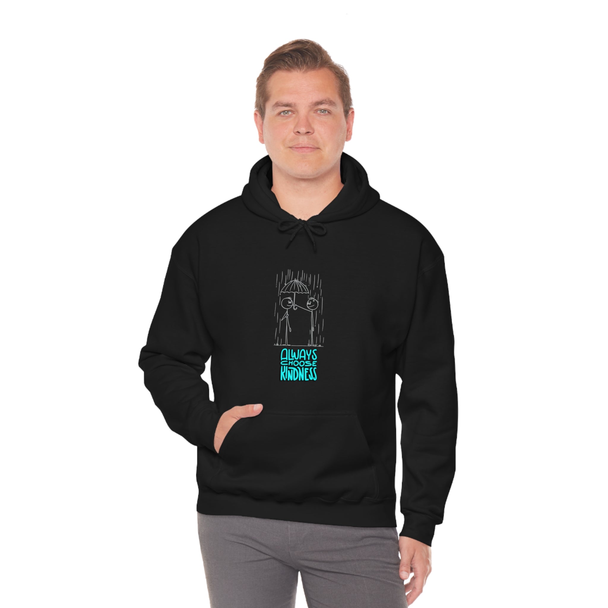 Adult Male wearing black colored hoodie with "Always Choose Kindness" inspired graphic.