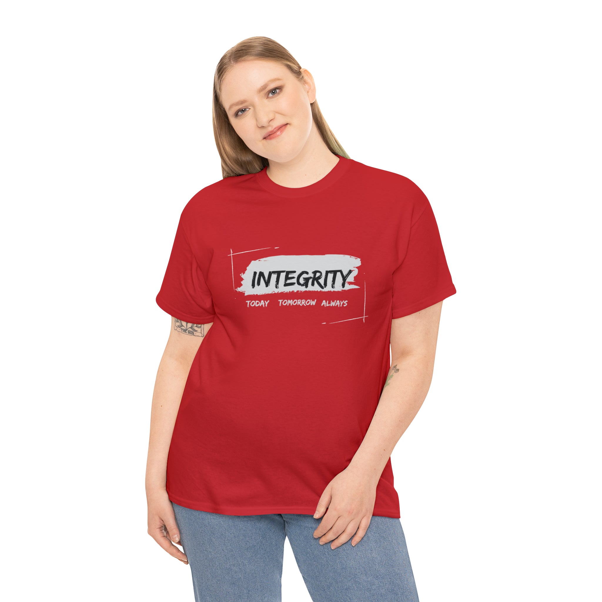 Adult woman wearing red T-Shirt " Integrity Today Tomorrow Always" inspired image.