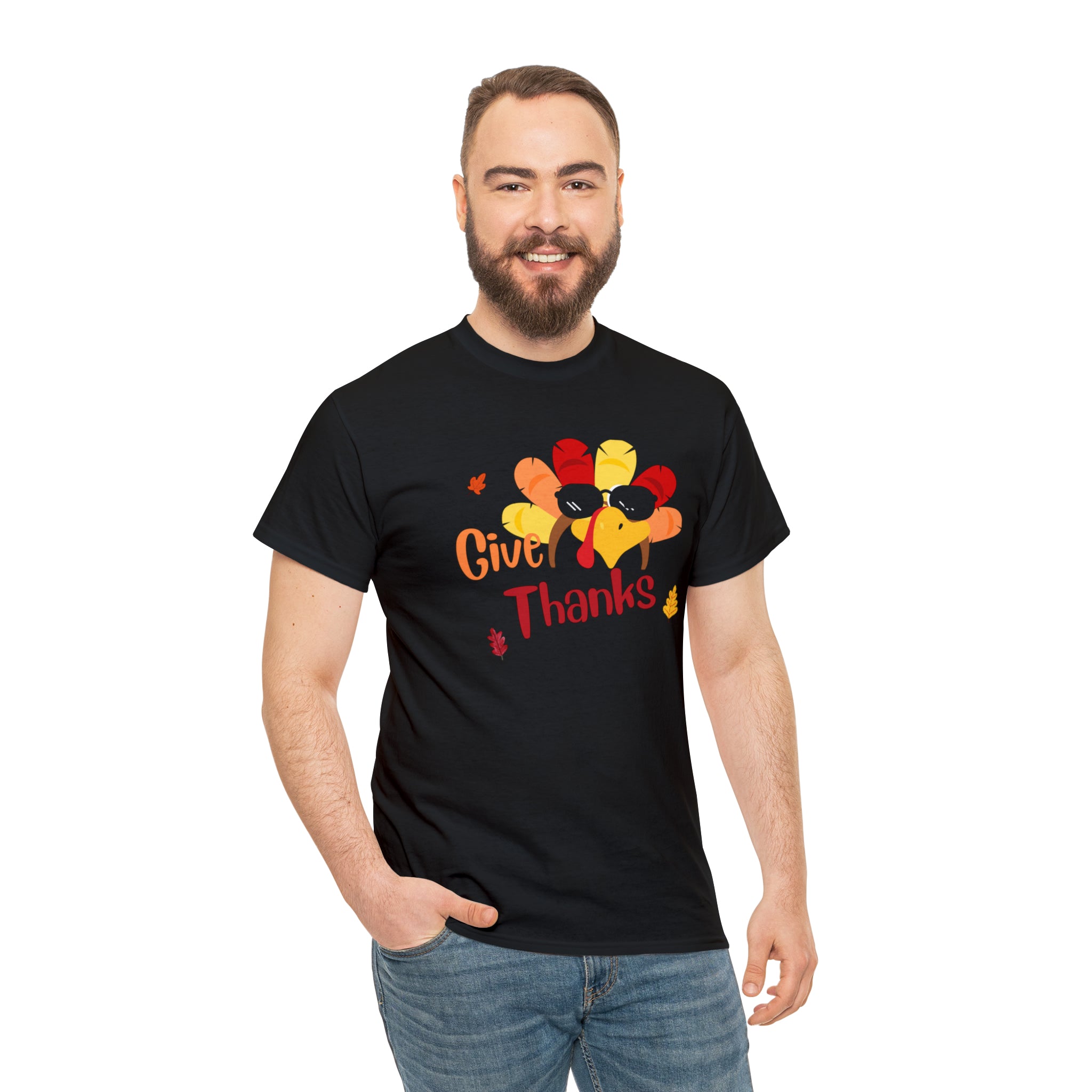Adult man black T-Shirt " Give Thanks" with Turkey head on front.