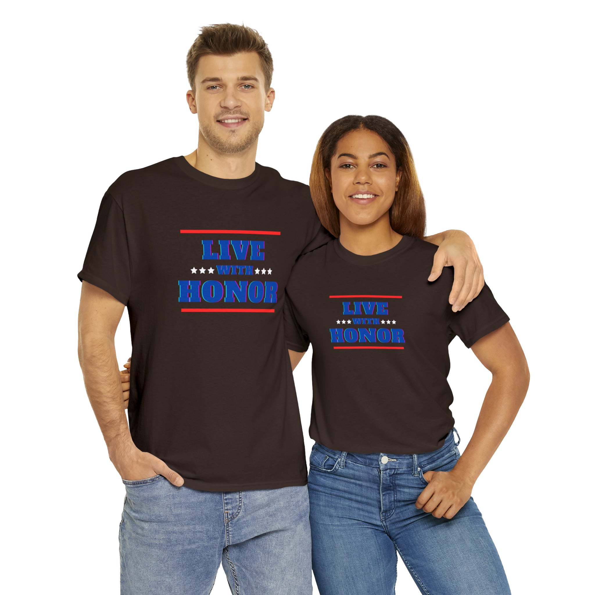 Adult male & female wearing dark chocolate T-Shirt " Live With Honor" inspired images