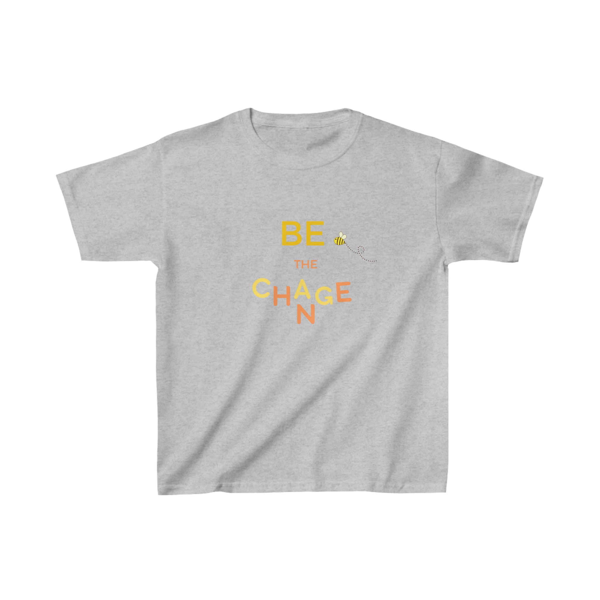 Youth unisex wearing grey T-shirt with "Be The Change" motivational image on front.