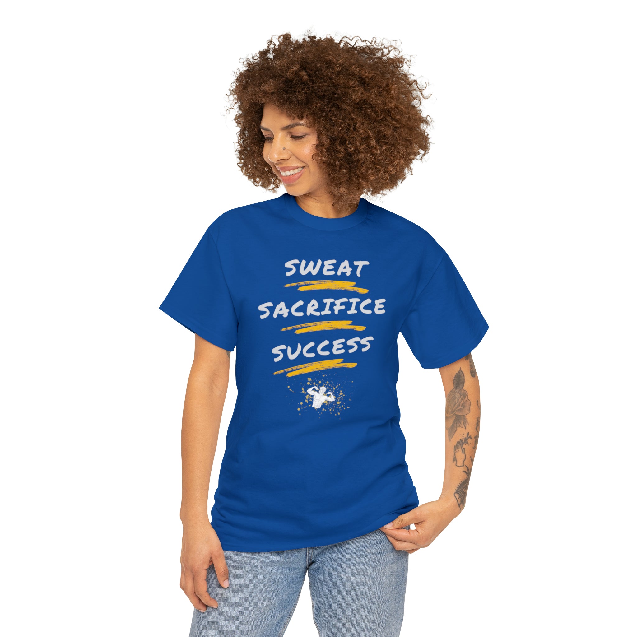Adult Model wearing Royal T-Shirt with Sweat Sacrifice Success Image on front.