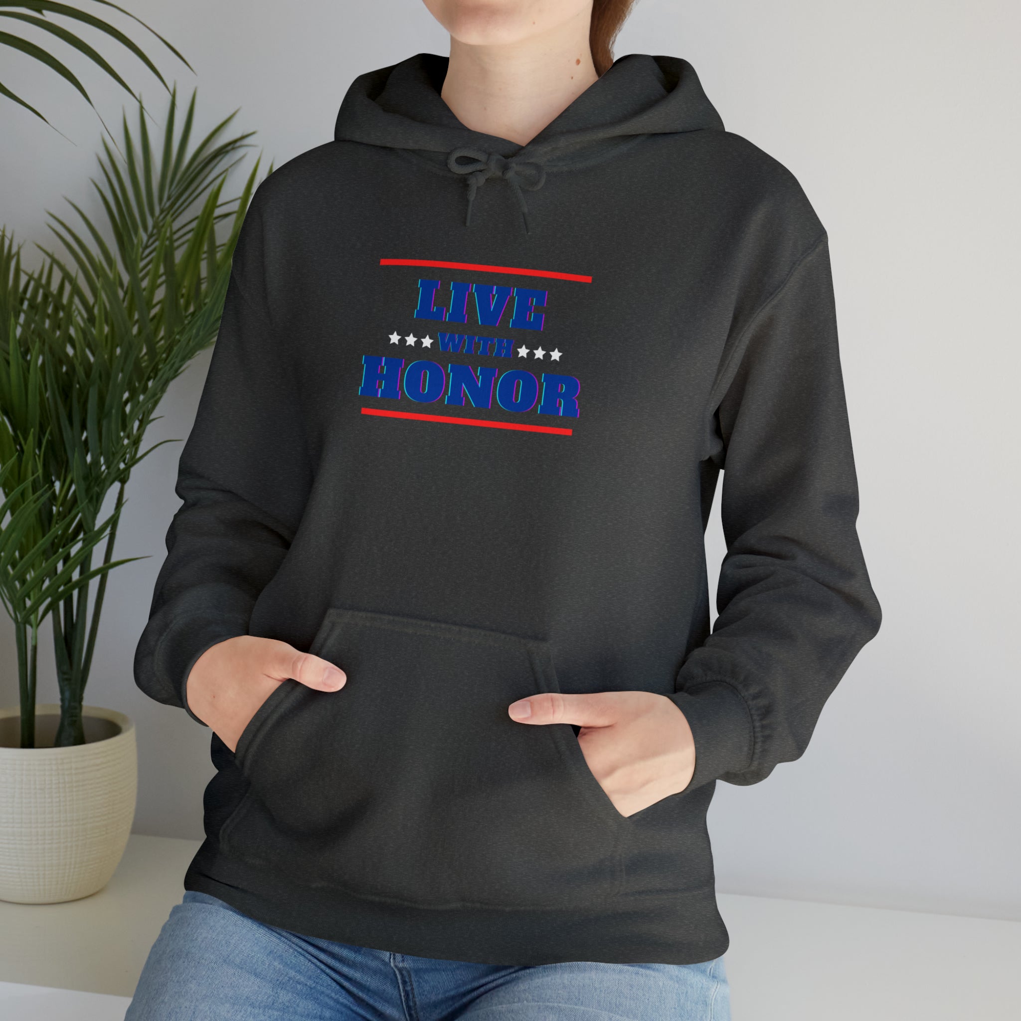 Adult female wearing dark heather  hoodie " Live With Honor" inspired images