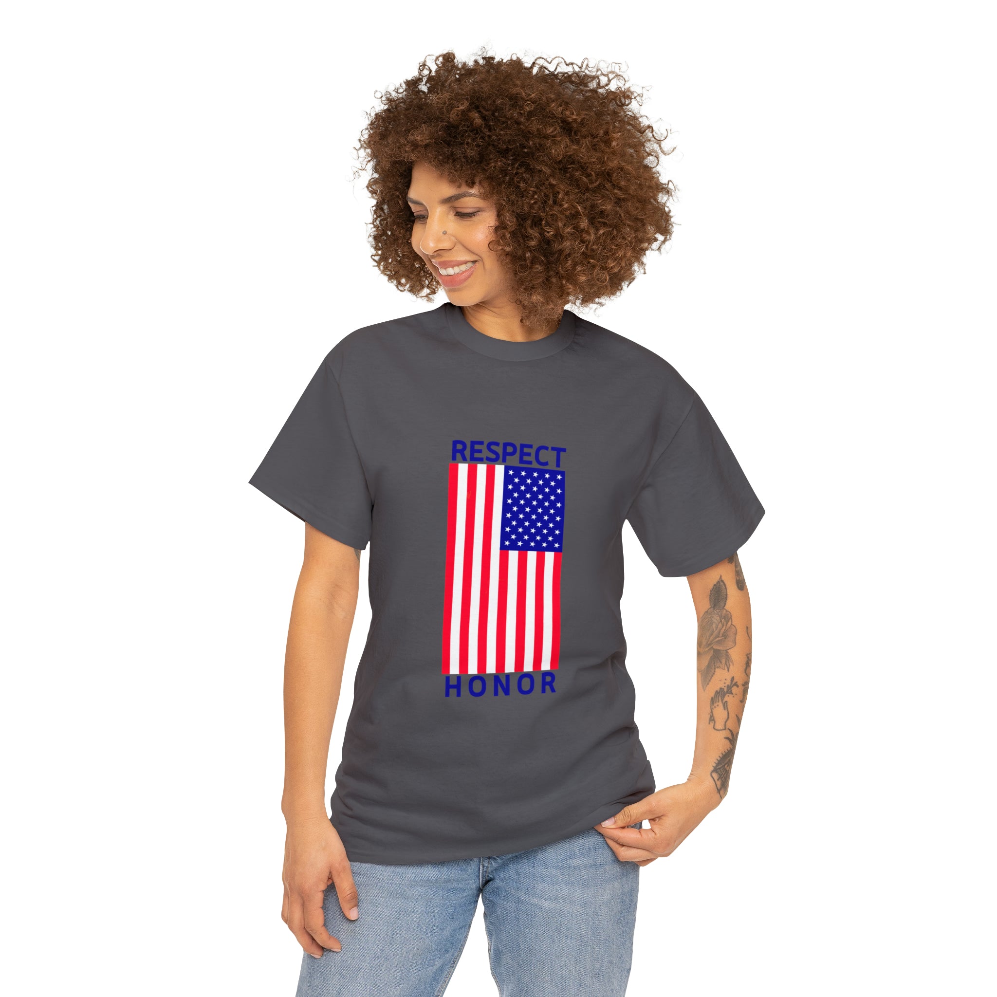 Adult female wearing charcoal T-Shirt with "Respect Honor" Inspired Classic American Flag on front.