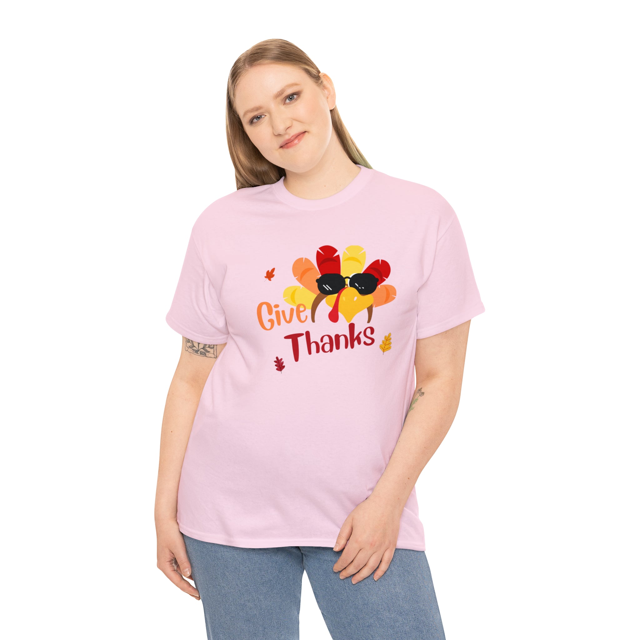 Adult women light pink T-Shirt " Give Thanks" with Turkey head on front.