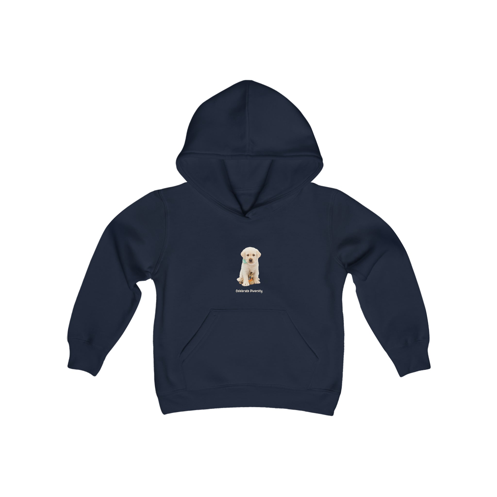 Youth unisex navy hoodie with "Celebrate Diversity" inspired graphic with puppy and duck on front.