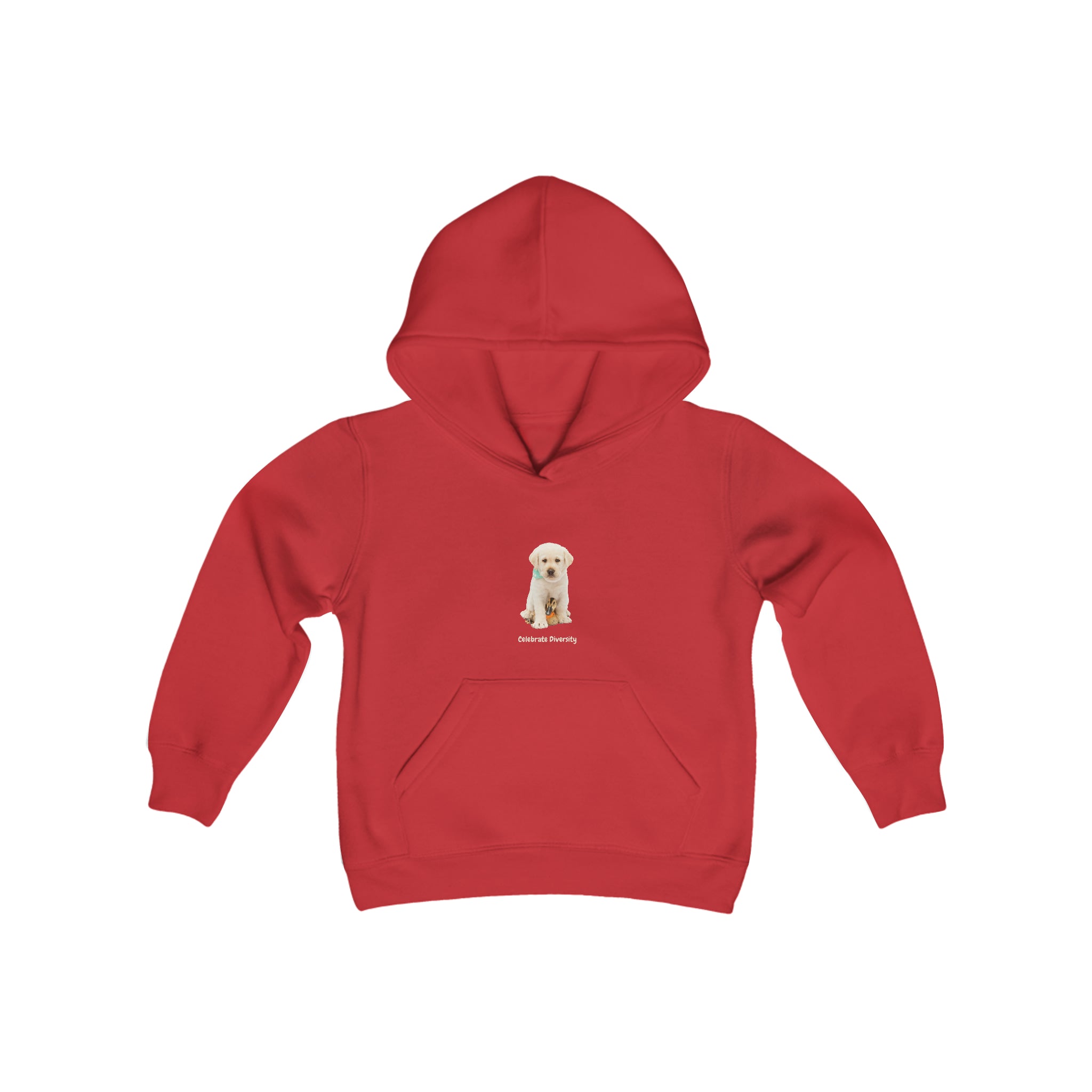 Youth unisex red hoodie with "Celebrate Diversity" inspired graphic with puppy and duck on front.