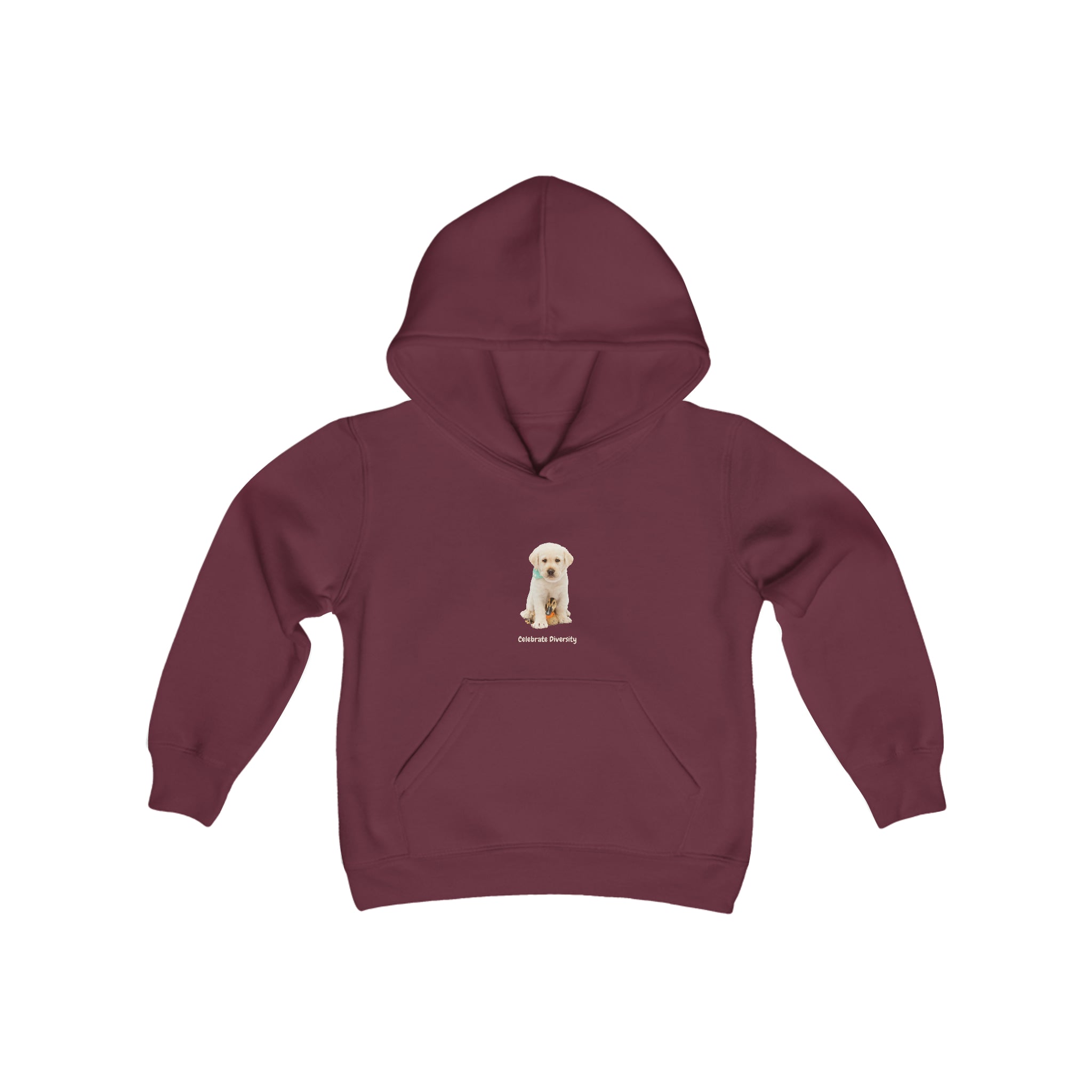 Youth unisex maroon hoodie with "Celebrate Diversity" inspired graphic with puppy and duck on front.
