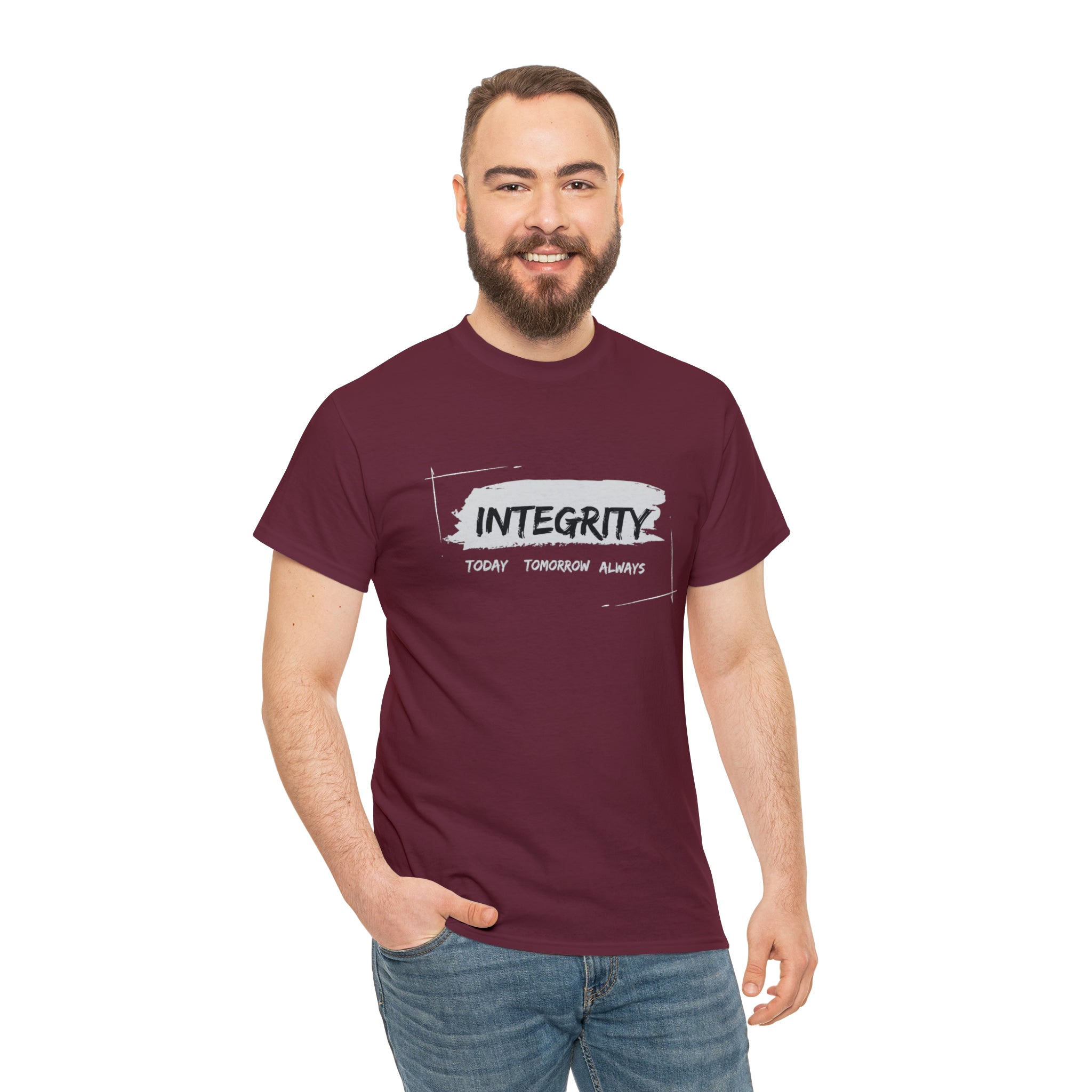 Adult man wearing maroon  T-Shirt " Integrity Today Tomorrow Always" inspired image.