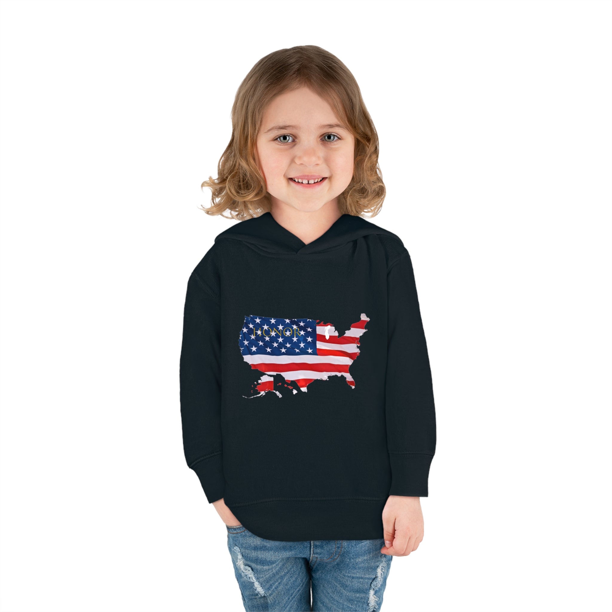Toddler Girl wearing blackl Hoodie with "Honor USA" inspired American as a Flag graphic on front.