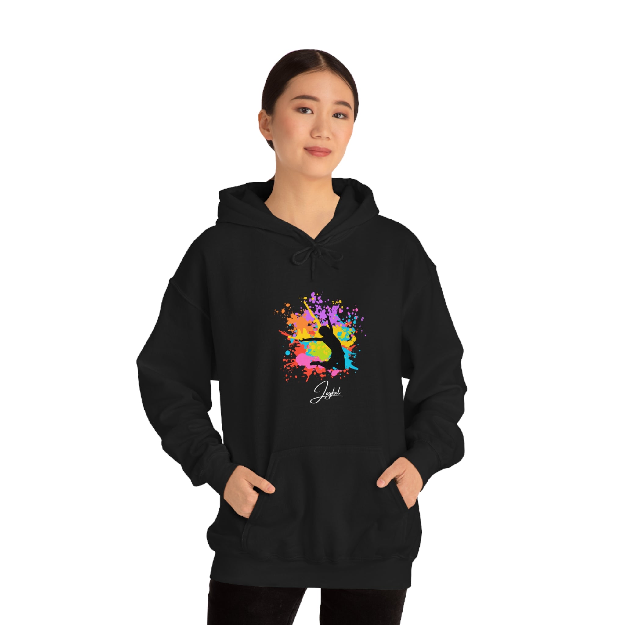 Adult female wearing black sweatshirt with "Joyful image on front