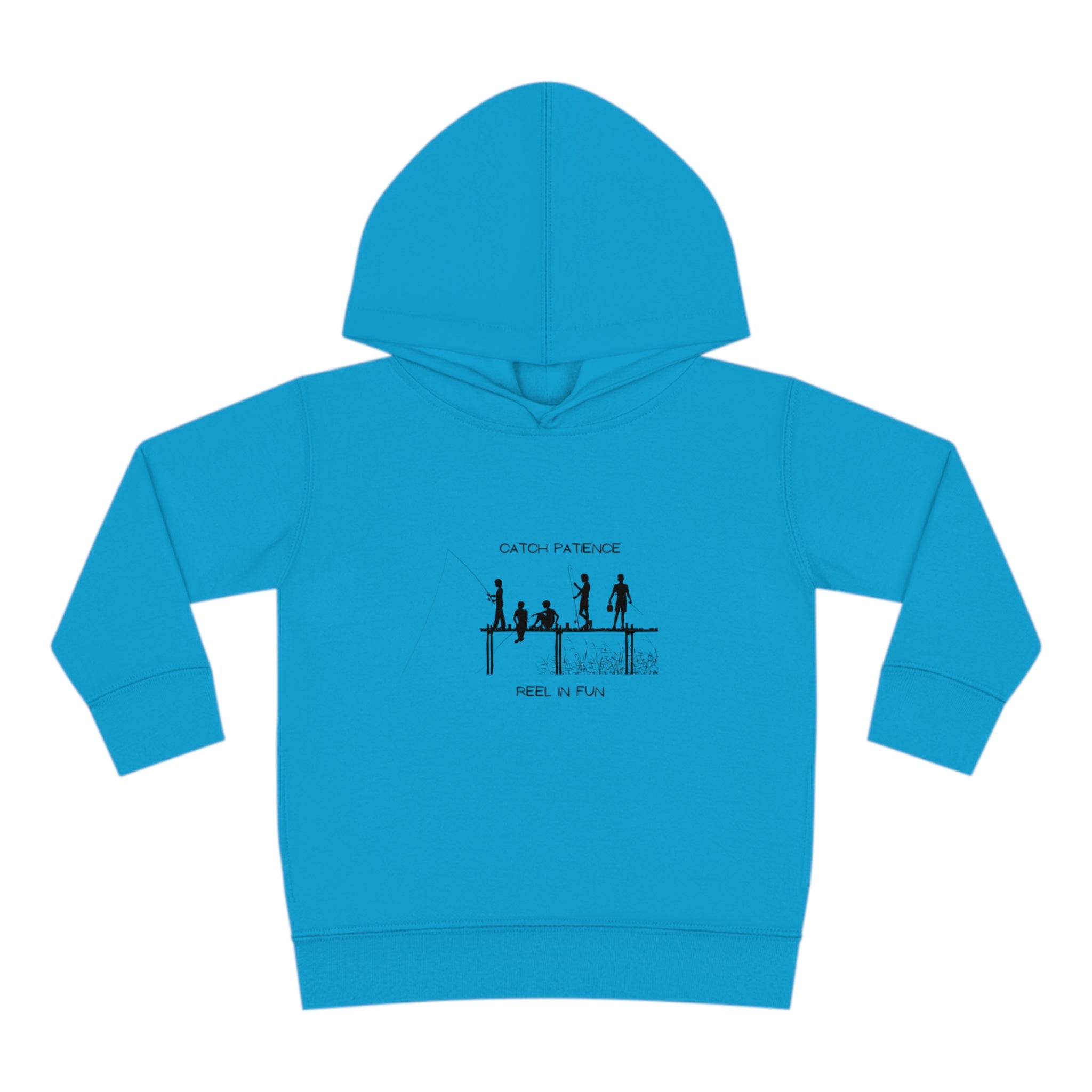 Toddler unisex wearing royal  hoodie with "Catch Patience Reel in Fun" inspired graphic of people fishing.