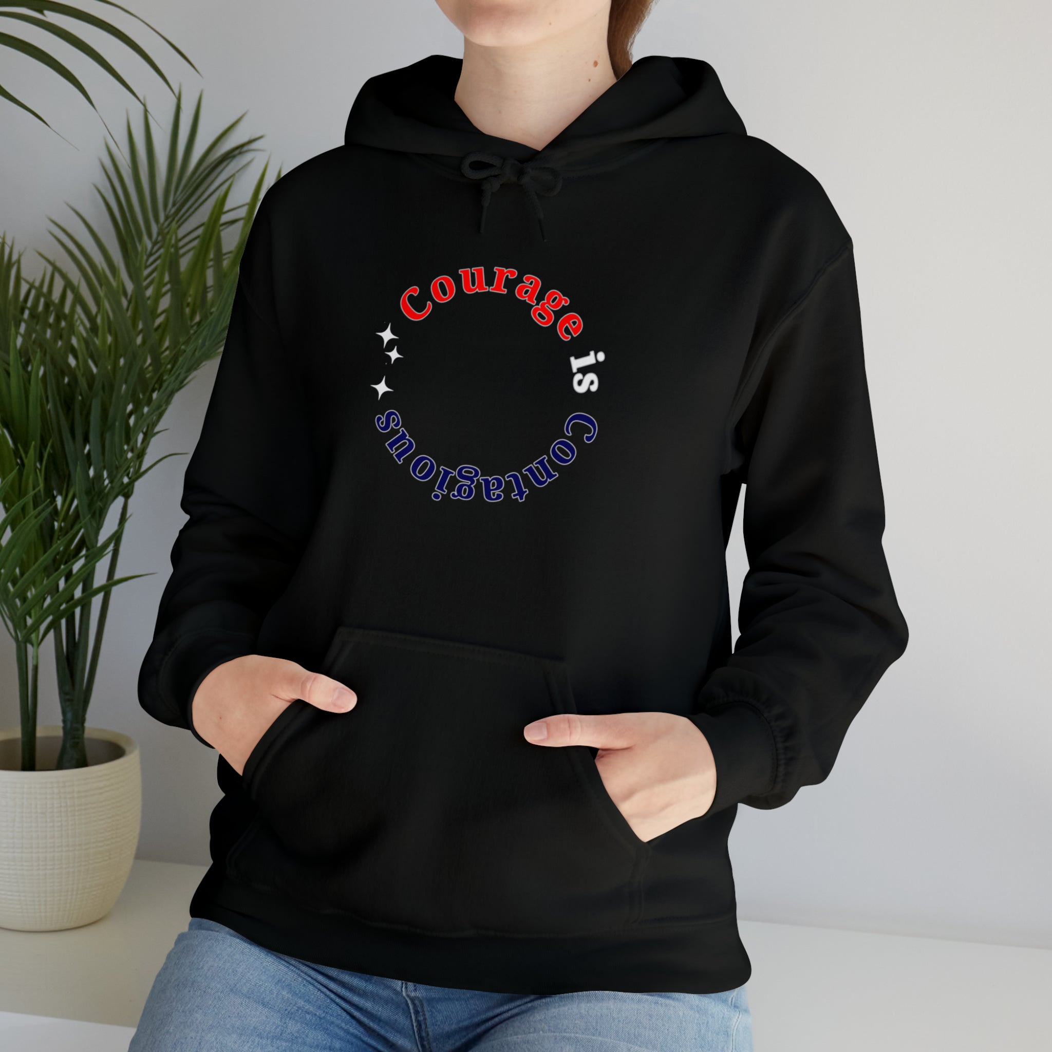 Adult unisex  black hoodie " Courage is Contagious" inspired message on front.