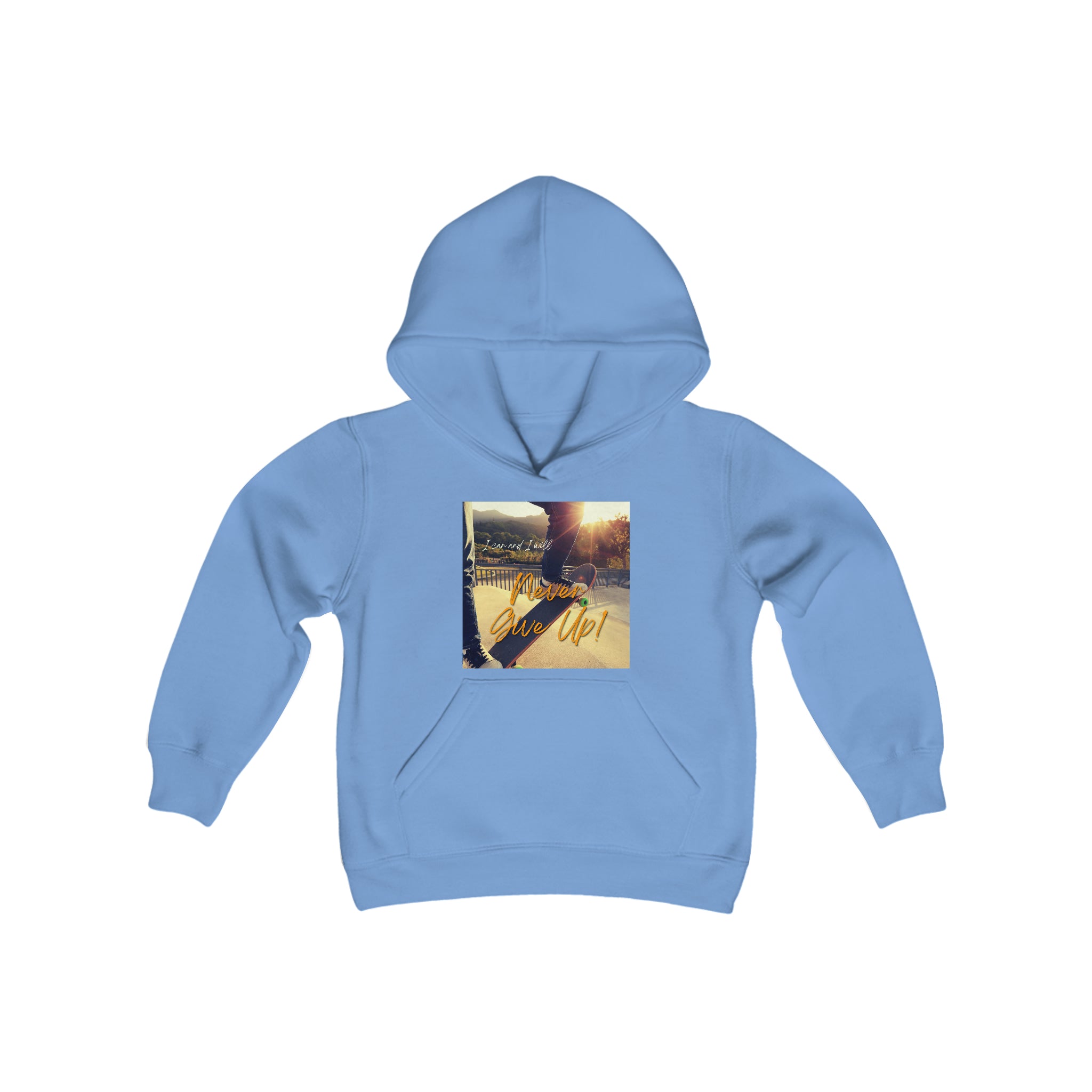 Youth Unisex Carolina Blue Sweatshirt with "I can I will Never give up!" Motivational with Skateboard graphic