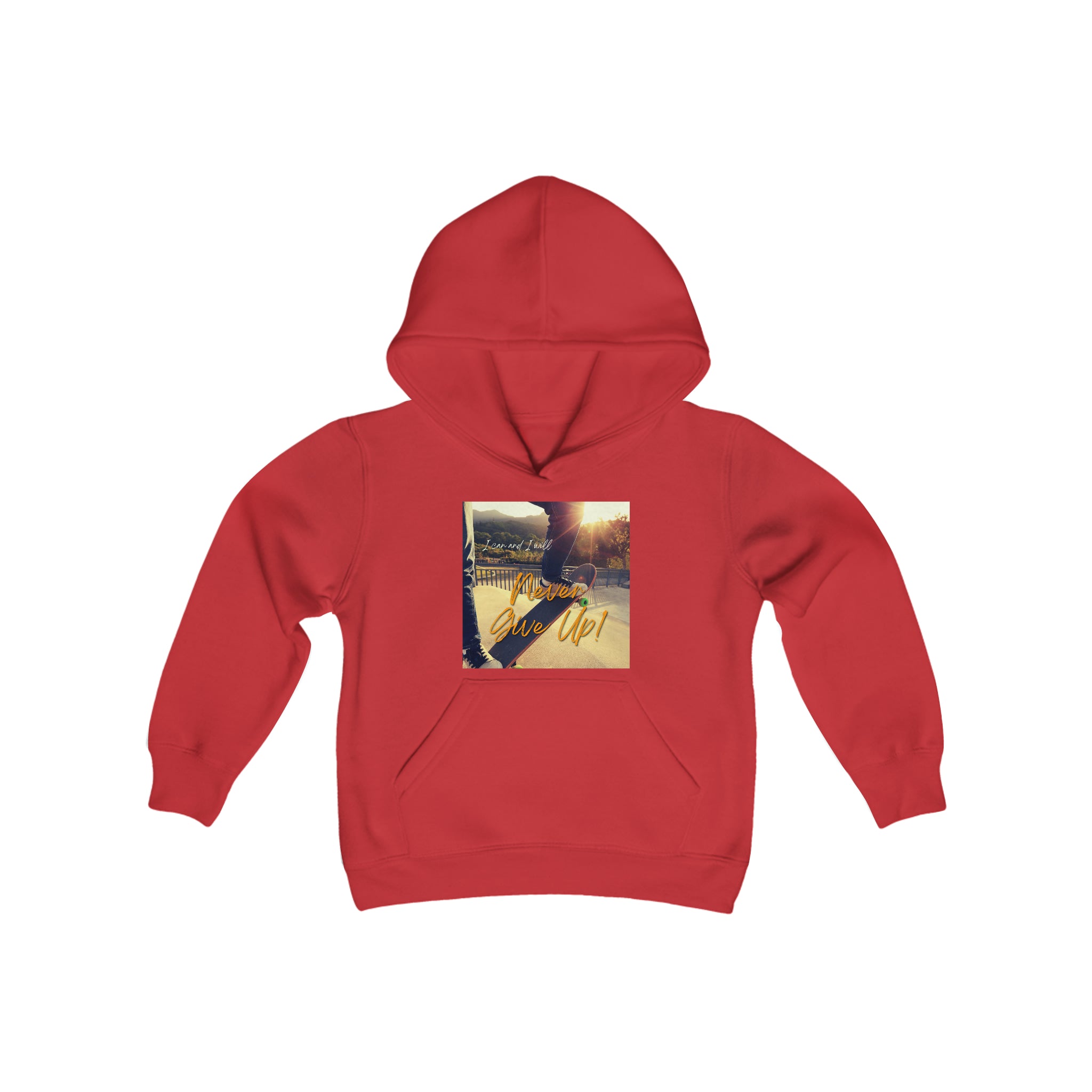 Youth Unisex Red Sweatshirt with "I can I will Never give up!" Motivational with Skateboard graphic