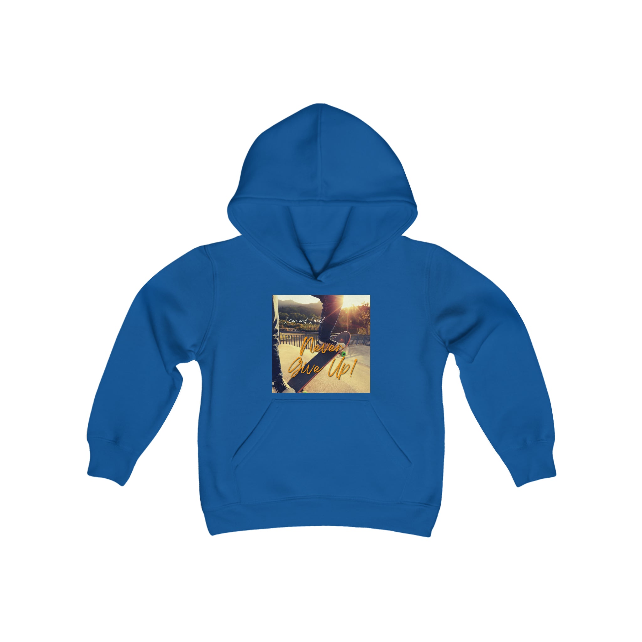 Youth Unisex Royal Sweatshirt with "I can I will Never give up!" Motivational with Skateboard graphic