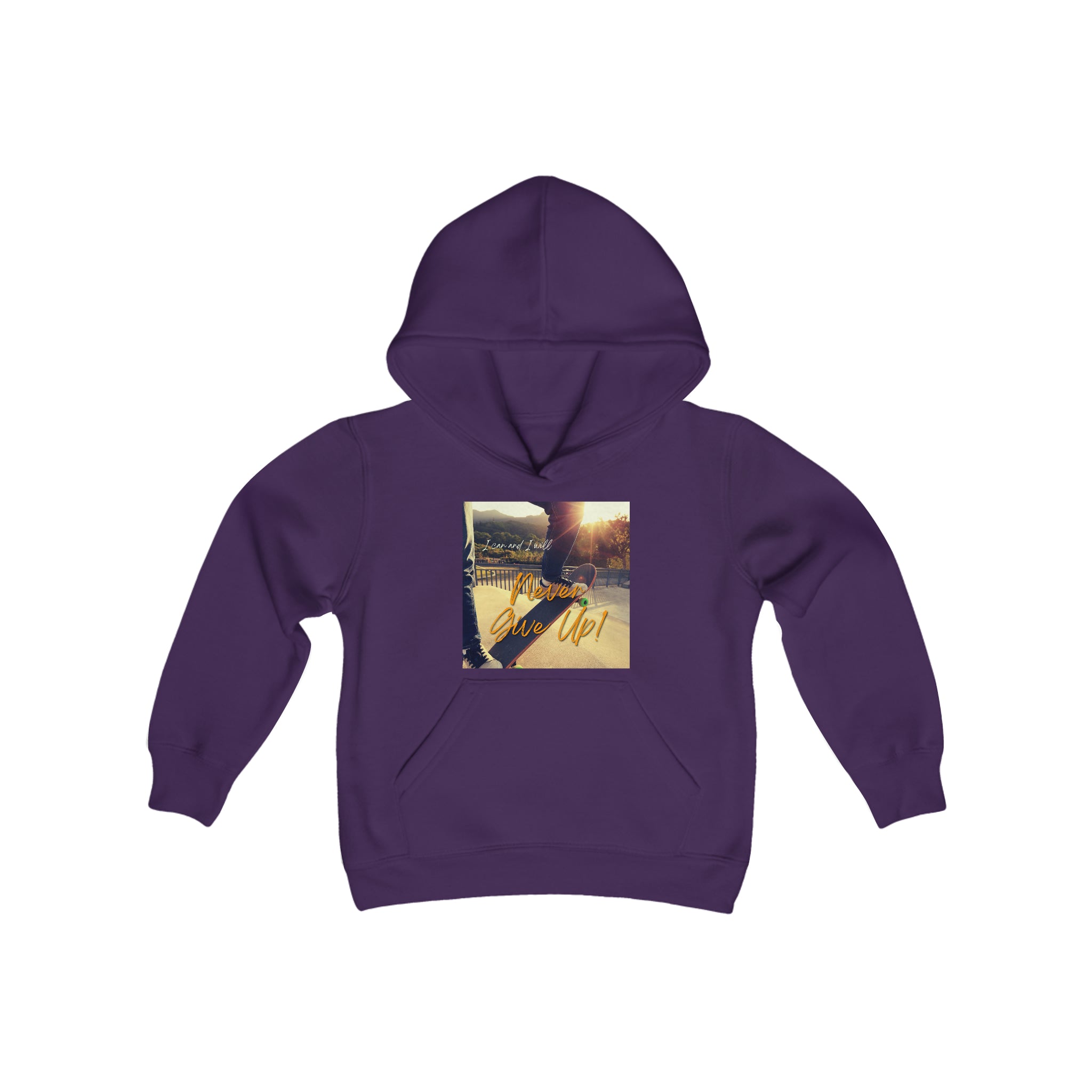 Youth Unisex purple Sweatshirt with "I can I will Never give up!" Motivational with Skateboard graphic