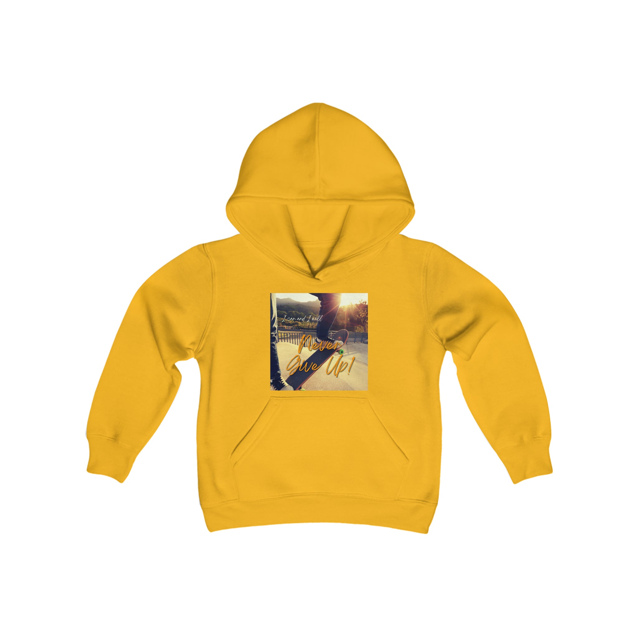 Youth Unisex gold Sweatshirt with "I can I will Never give up!" Motivational with Skateboard graphic