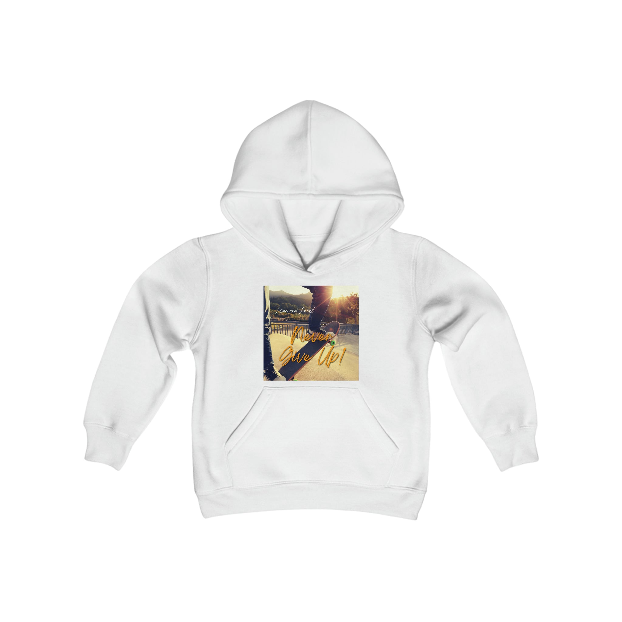 Youth Unisex white Sweatshirt with "I can I will Never give up!" Motivational with Skateboard graphic