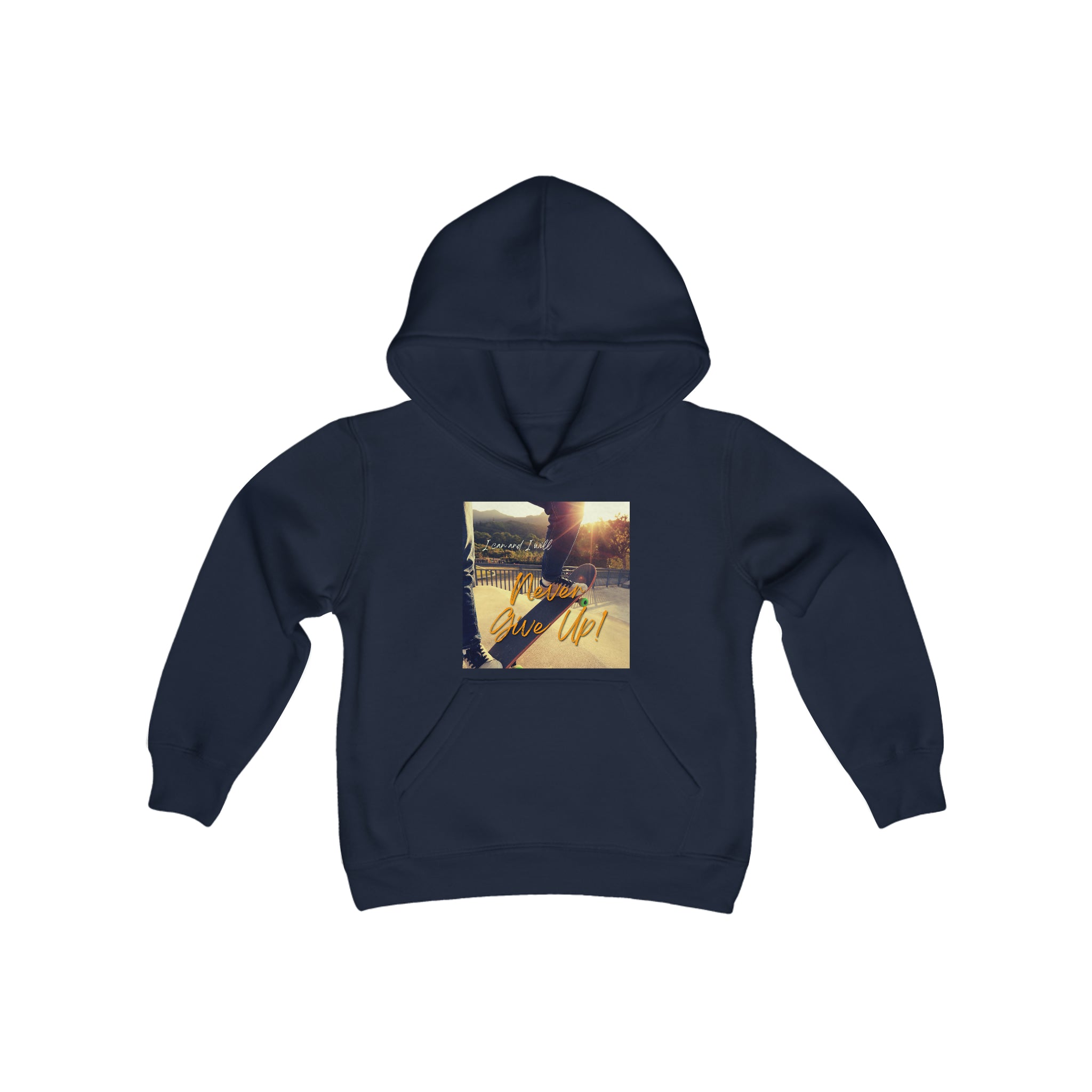 Youth Unisex navy Sweatshirt with "I can I will Never give up!" Motivational with Skateboard graphic
