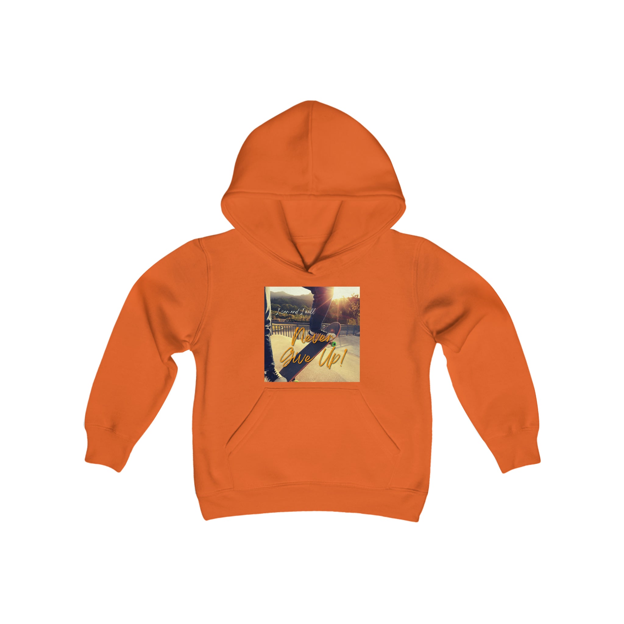 Youth Unisex orange Sweatshirt with "I can I will Never give up!" Motivational with Skateboard graphic