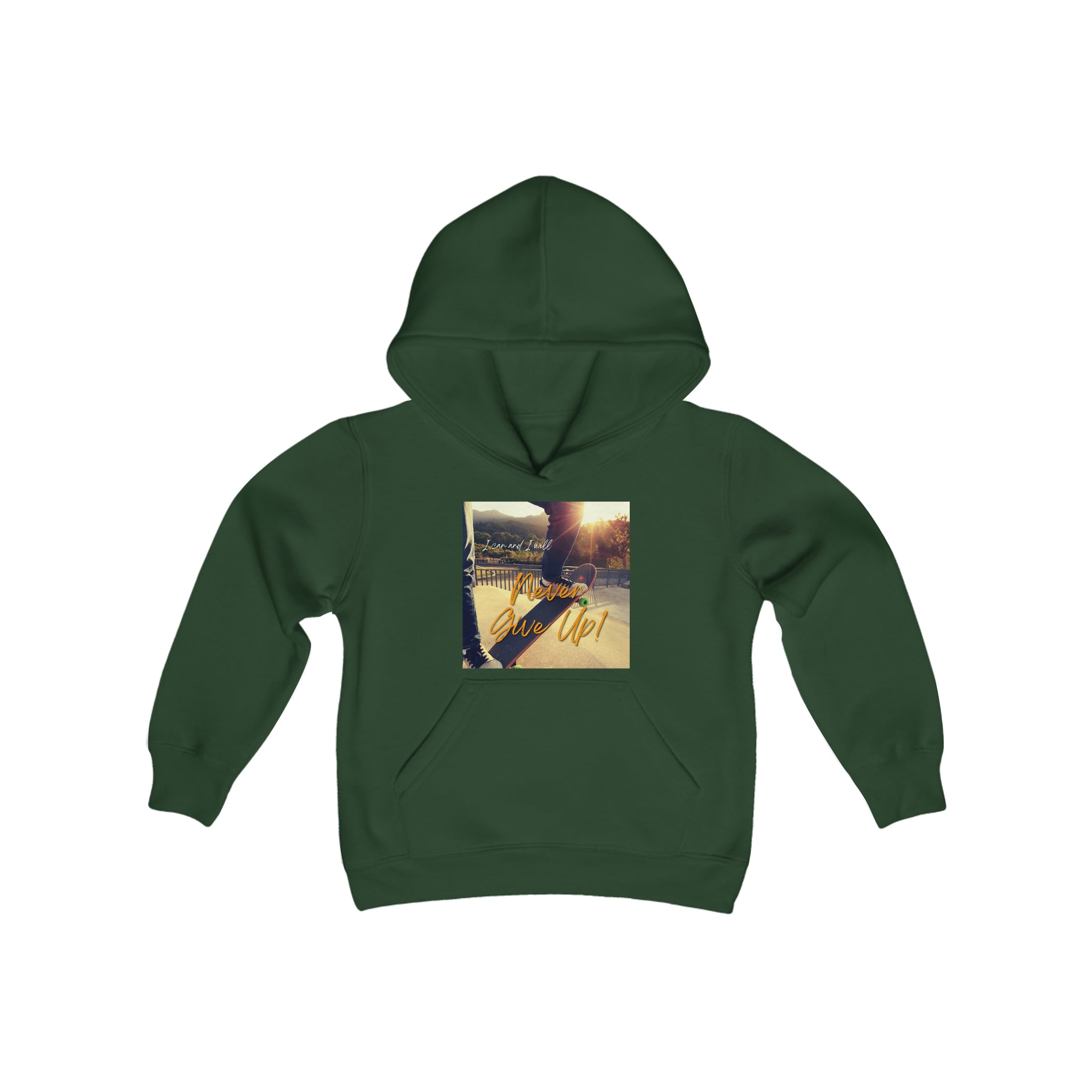 Youth Unisex forest green Sweatshirt with "I can I will Never give up!" Motivational with Skateboard graphic