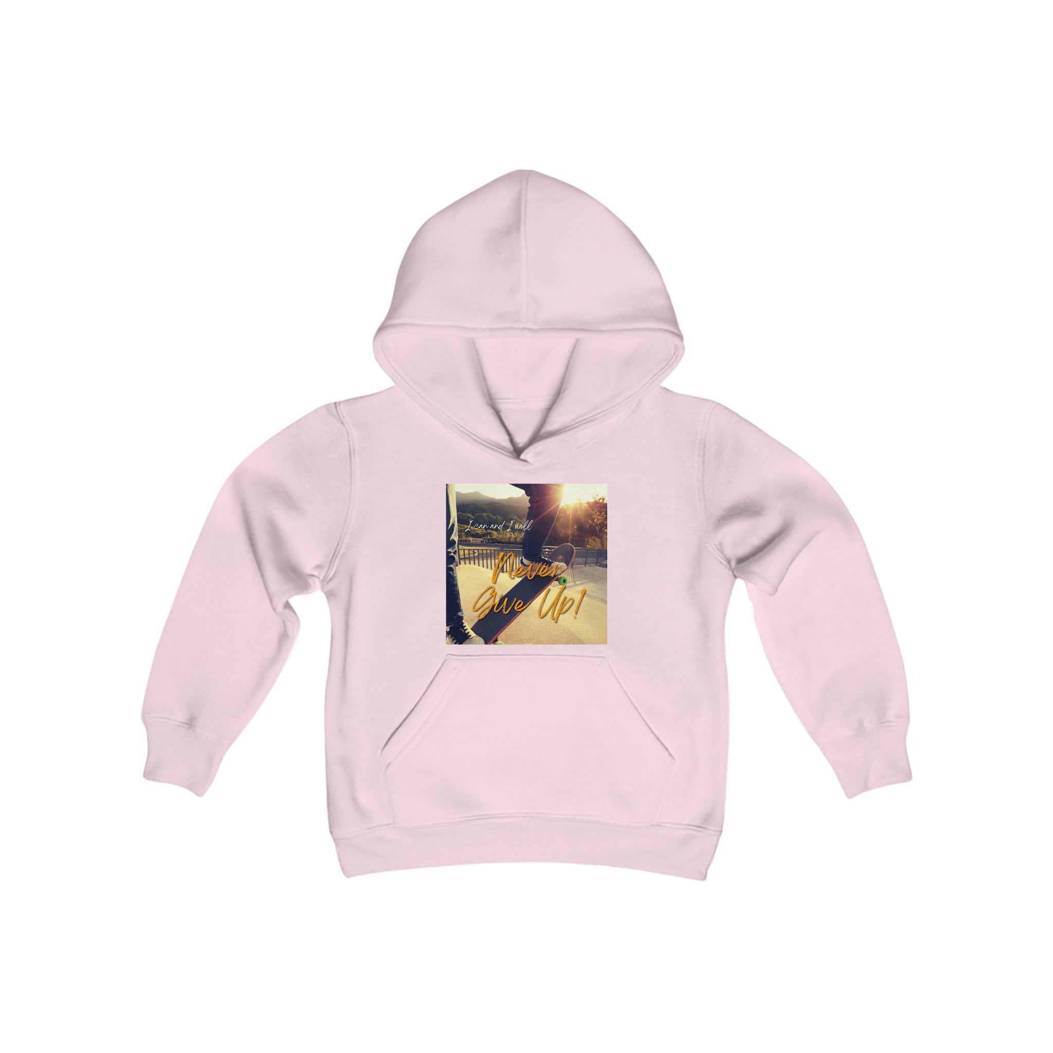 Youth Unisex light pink Sweatshirt with "I can I will Never give up!" Motivational with Skateboard graphic