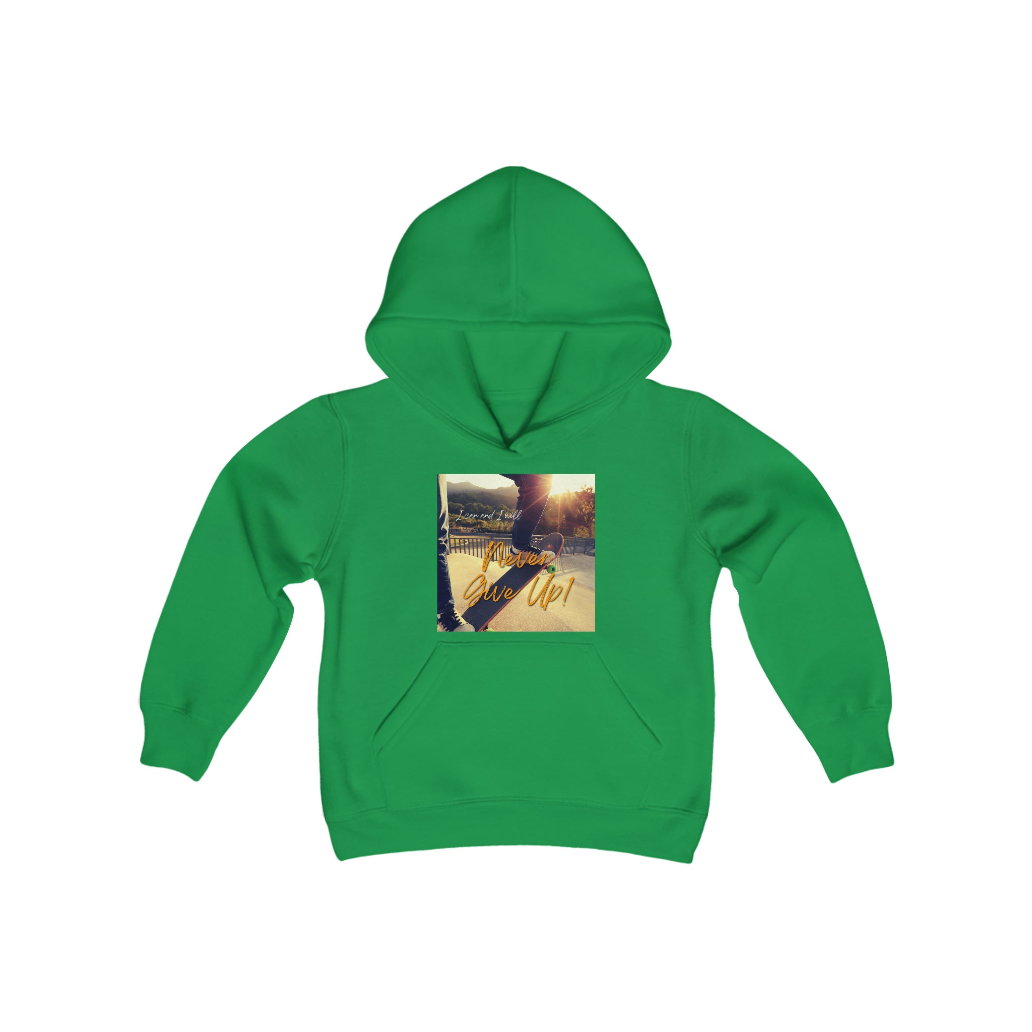 Youth Unisex irish green  Sweatshirt with "I can I will Never give up!" Motivational with Skateboard graphic