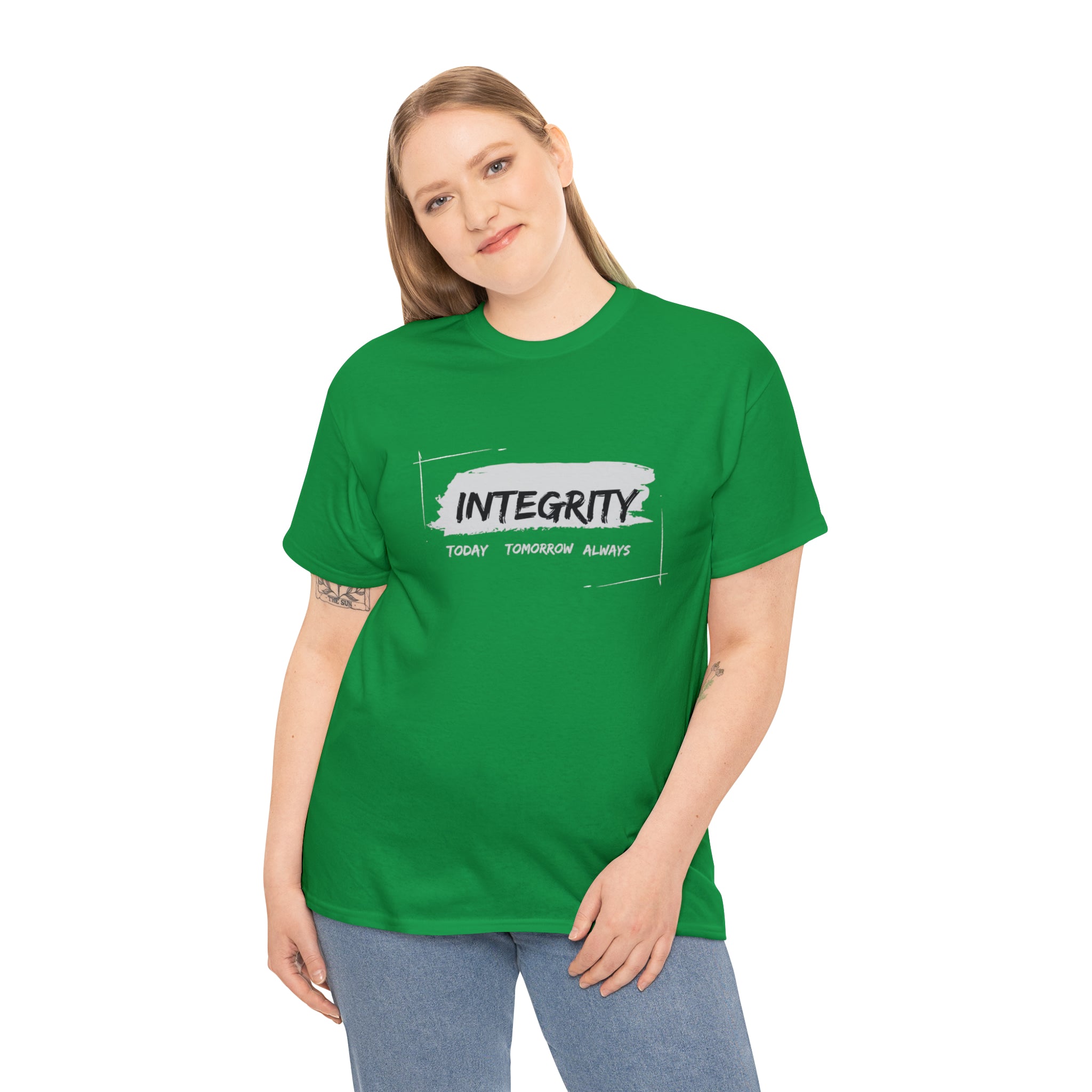 Adult woman wearing kelly green T-Shirt " Integrity Today Tomorrow Always" inspired image.