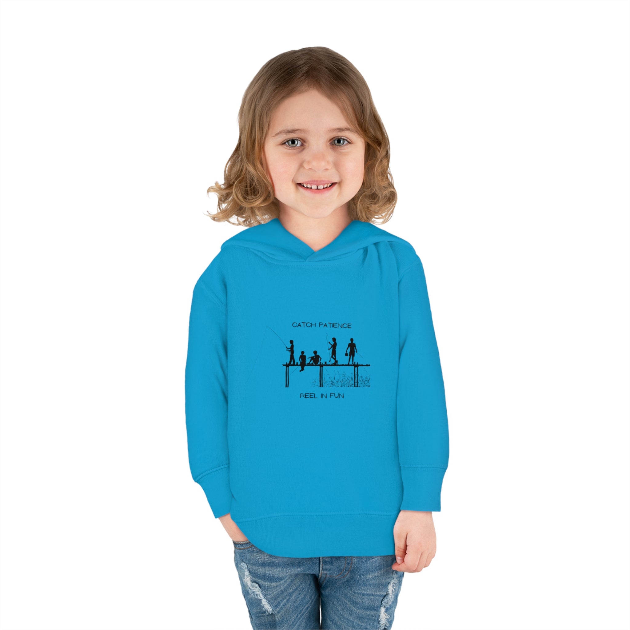 Girl  Toddler unisex wearing Royal blue hoodie with "Catch Patience Reel in Fun" inspired graphic of people fishing.