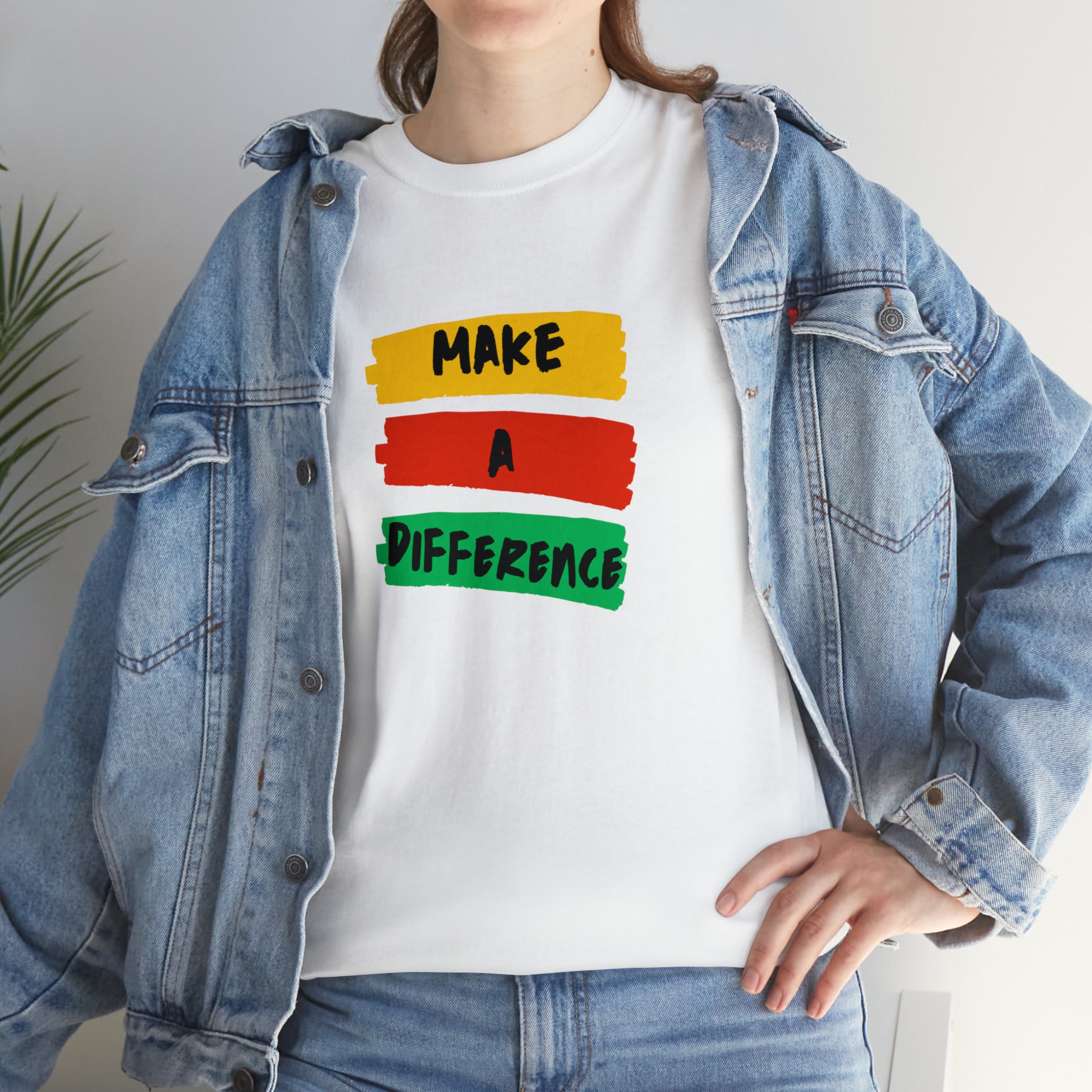 Adult female unisex white  T-Shirt with " Make A Difference" inspired images.