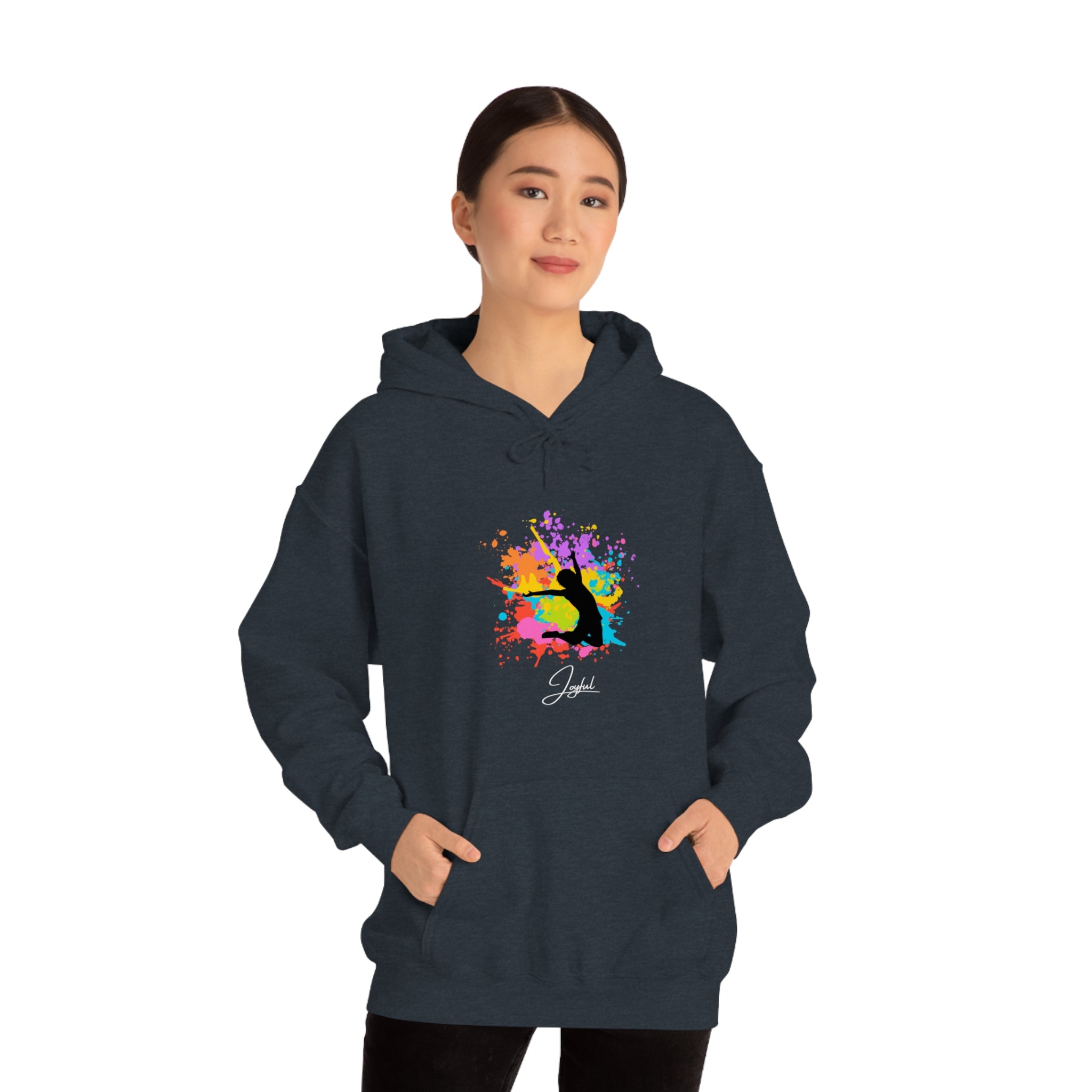 Adult female wearing heather navy hoodie with "Joyful" graphic on front