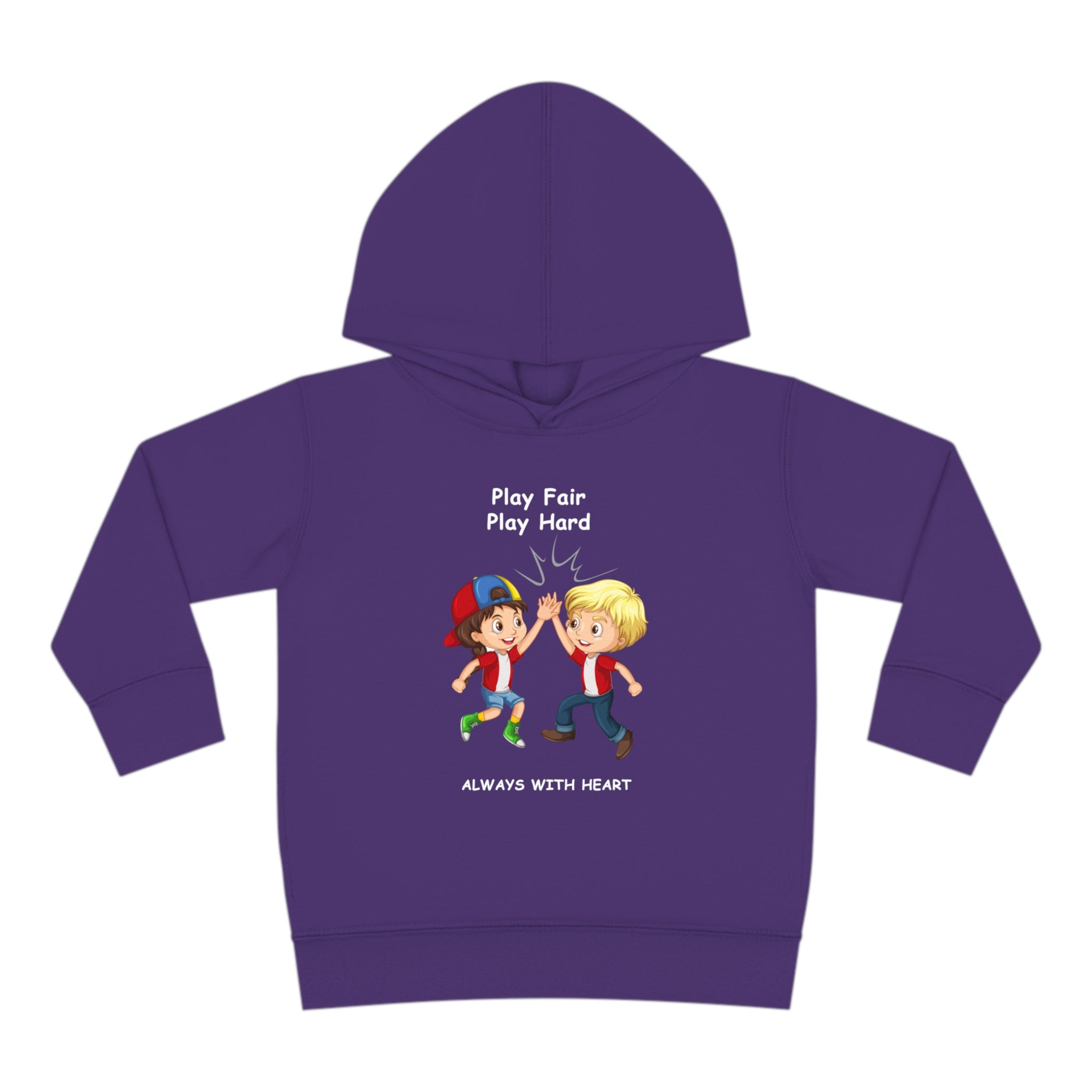 Toddler unisex purple hoodie with " Play Fair Play Hard Always with Heart" inspired graphic