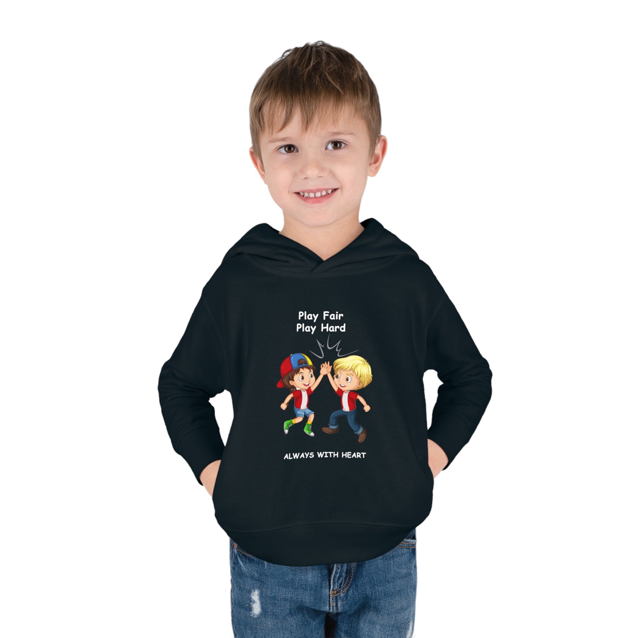  Boy Toddler wearing unisex black hoodie with " Play Fair Play Hard Always with Heart" inspired graphic