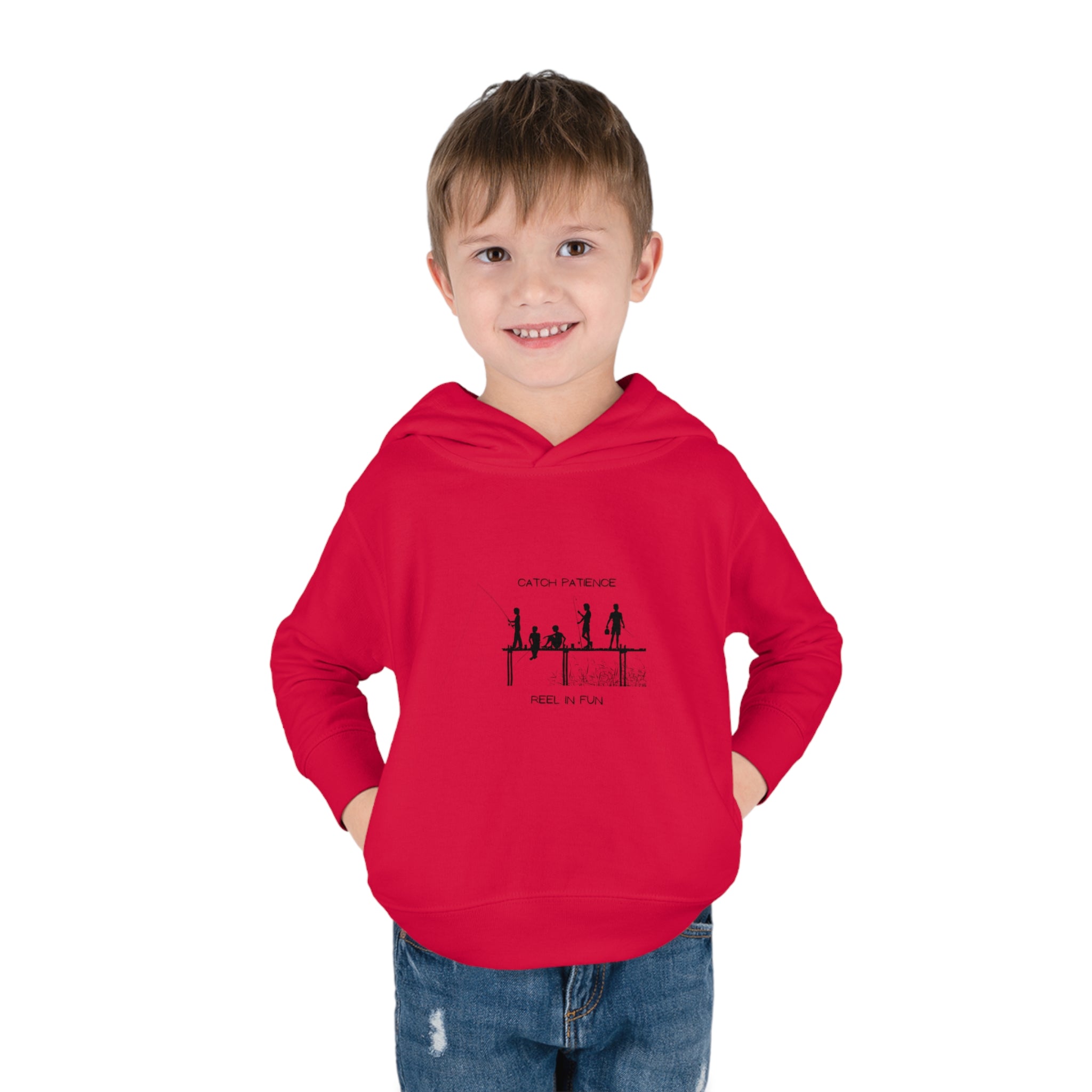 Boy Toddler unisex wearing red hoodie with "Catch Patience Reel in Fun" inspired graphic of people fishing.