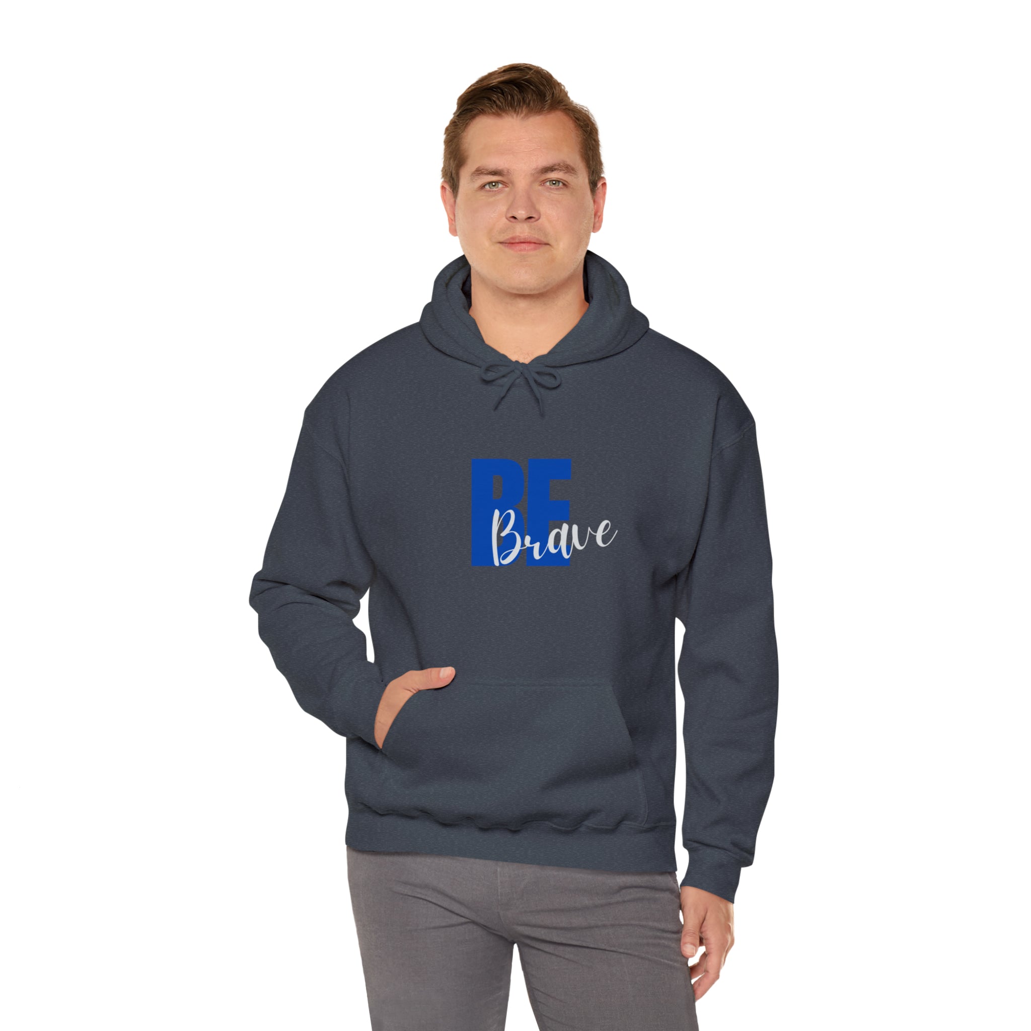 Adult Man wearing dark heather hoodie with "Be Brave" motivational image on front.