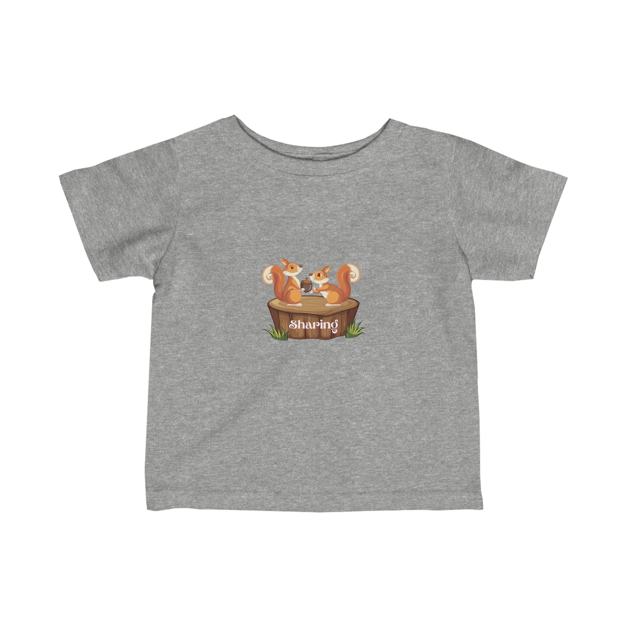 Infant unisex sports grey T-Shirt with "Sharing" inspired two squirrels graphic on front.