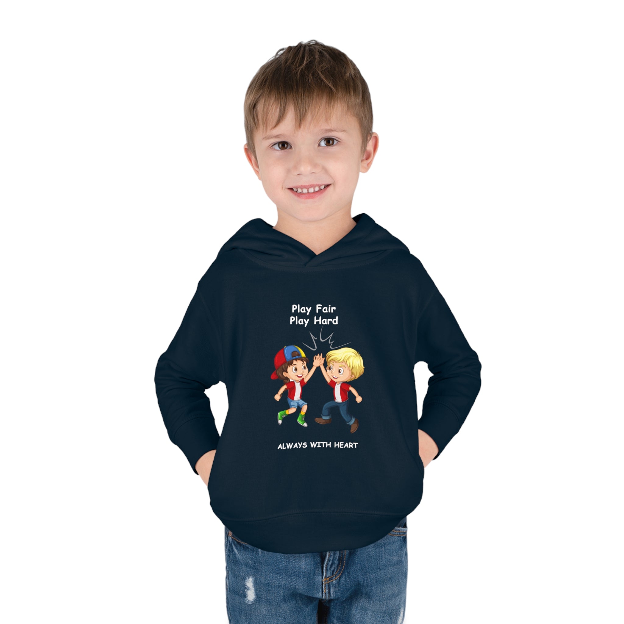 Boy Toddler wearing unisex navy hoodie with " Play Fair Play Hard Always with Heart" inspired graphic