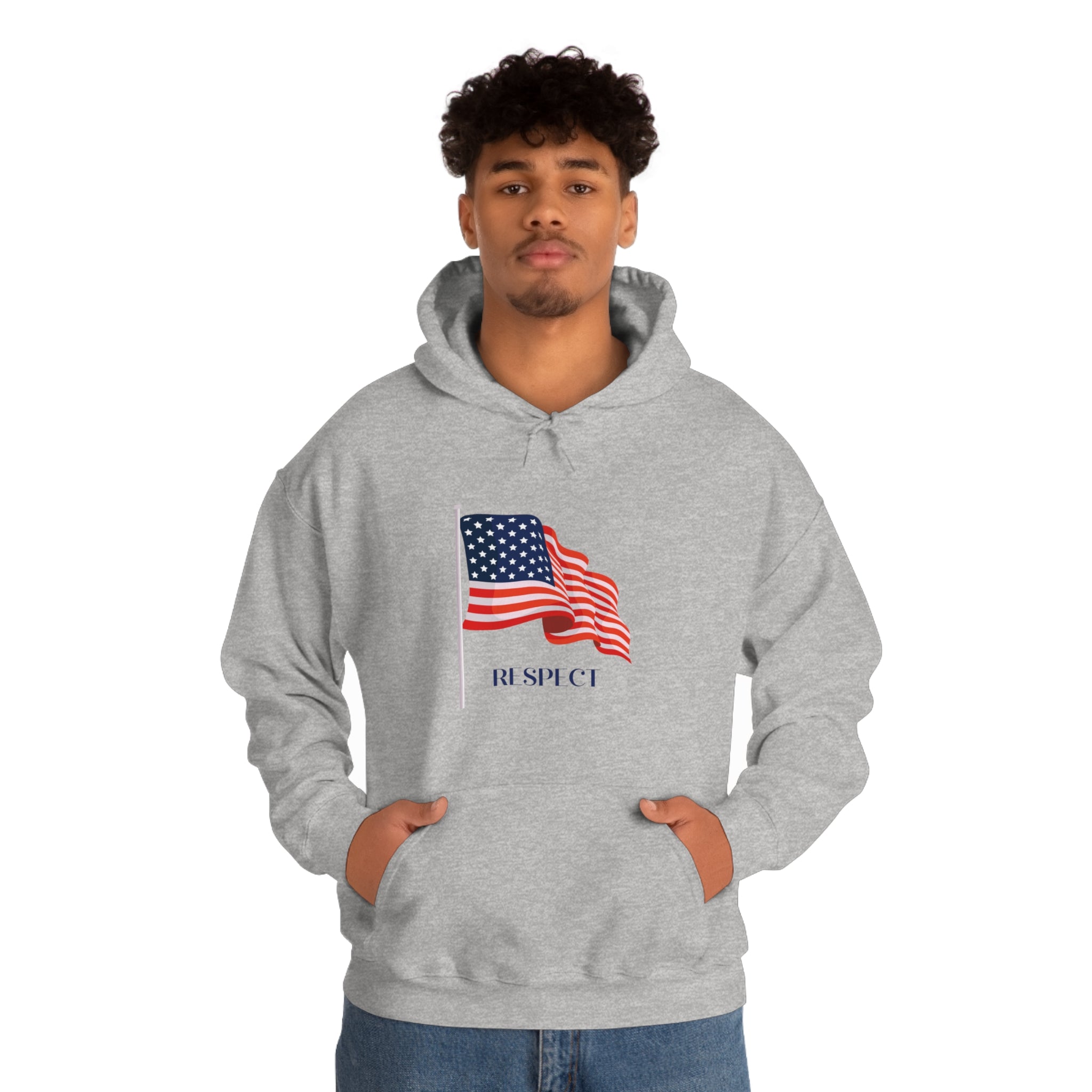 Adult male wearing sports grey hoodie with "Respect" inspired American Flag on front.