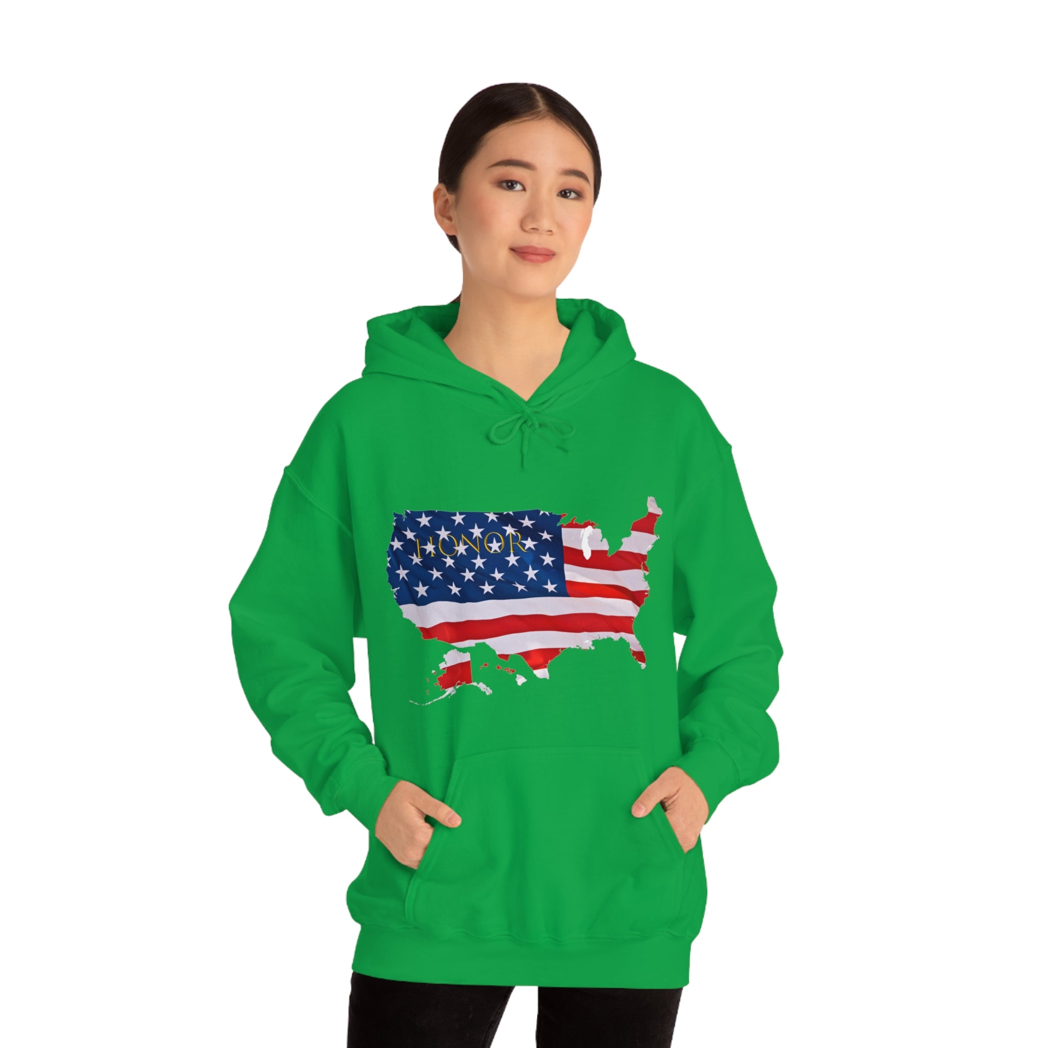 Adult female wearing irish green hoodie with "Honor USA" inspired American as a Flag graphic on front.