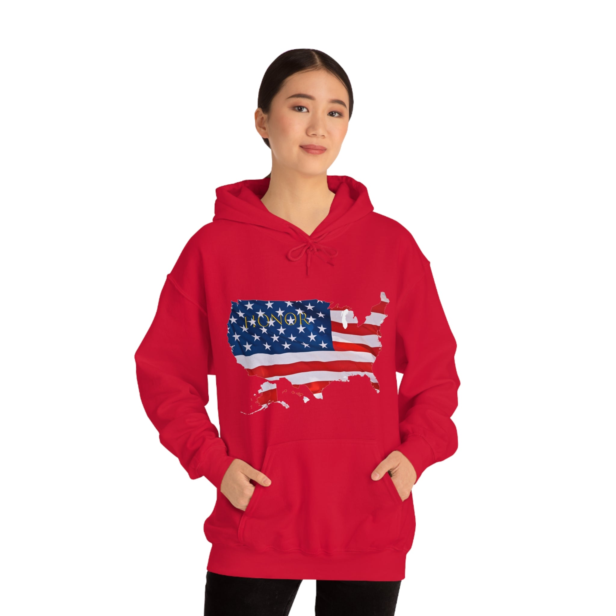 Adult female wearing red hoodie with "Honor USA" inspired American as a Flag graphic on front.