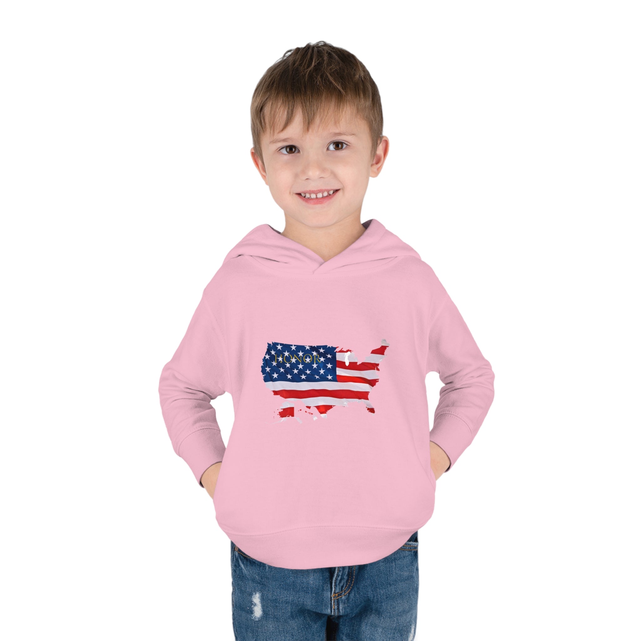 Toddler Boy wearing pink Hoodie with "Honor USA" inspired American as a Flag graphic on front.