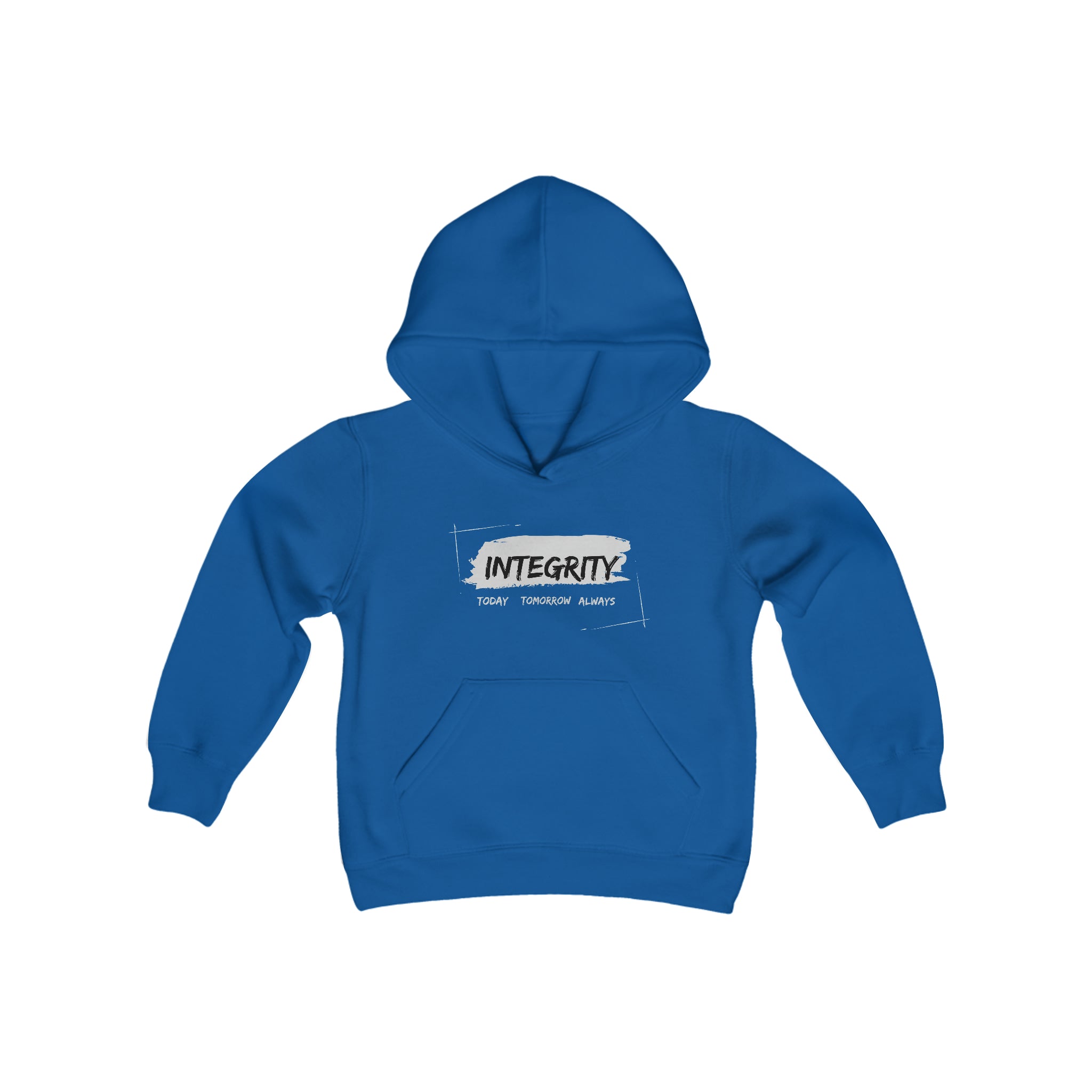 Youth unisex royal  hoodie " Integrity Today Tomorrow Always" inspired image.