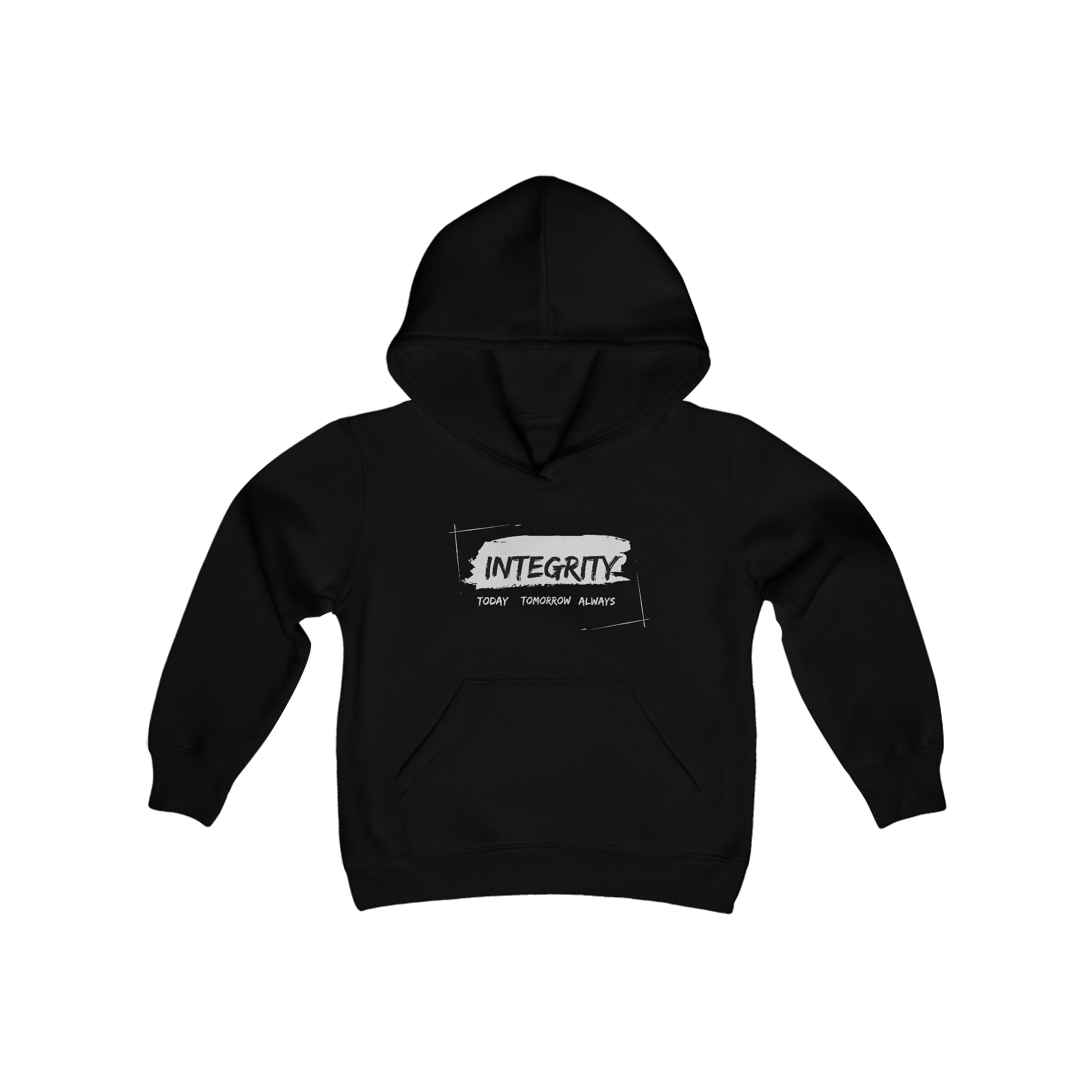 Youth unisex black hoodie " Integrity Today Tomorrow Always" inspired image.