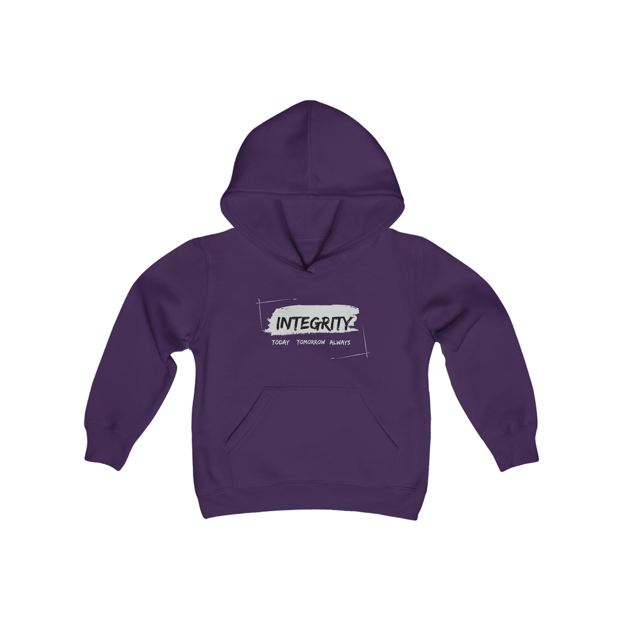 Youth unisex purple hoodie " Integrity Today Tomorrow Always" inspired image.