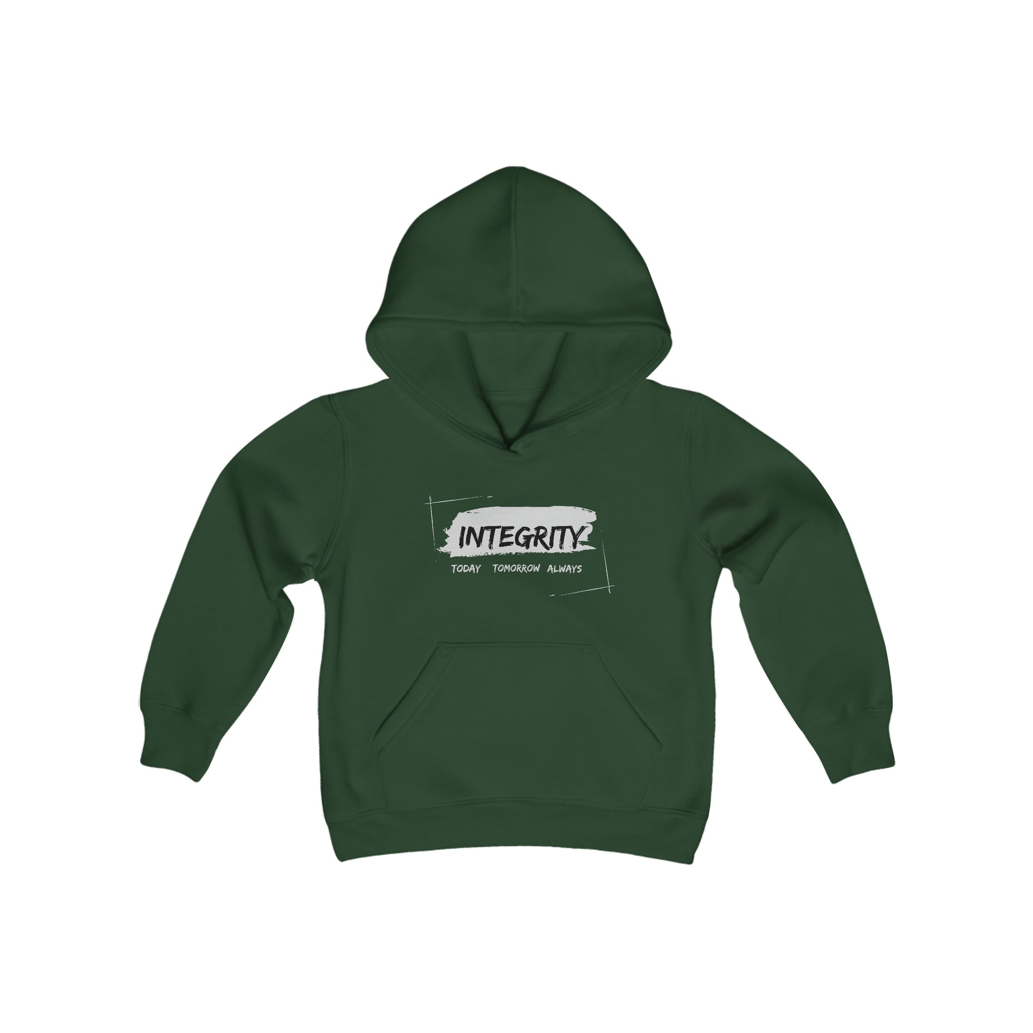 Youth unisex forest green hoodie " Integrity Today Tomorrow Always" inspired image.